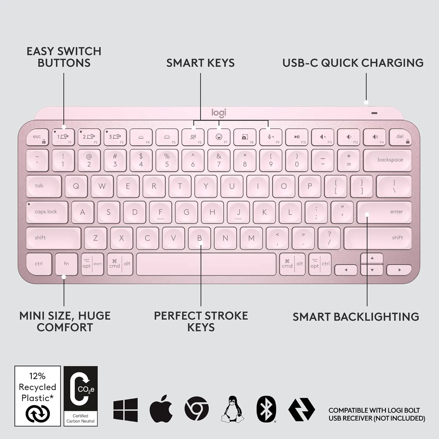 Logitech MX KEYS Mini 智能無線鍵盤 (English Version) - Rose Pink 玫瑰粉色 920-010507 原裝行貨