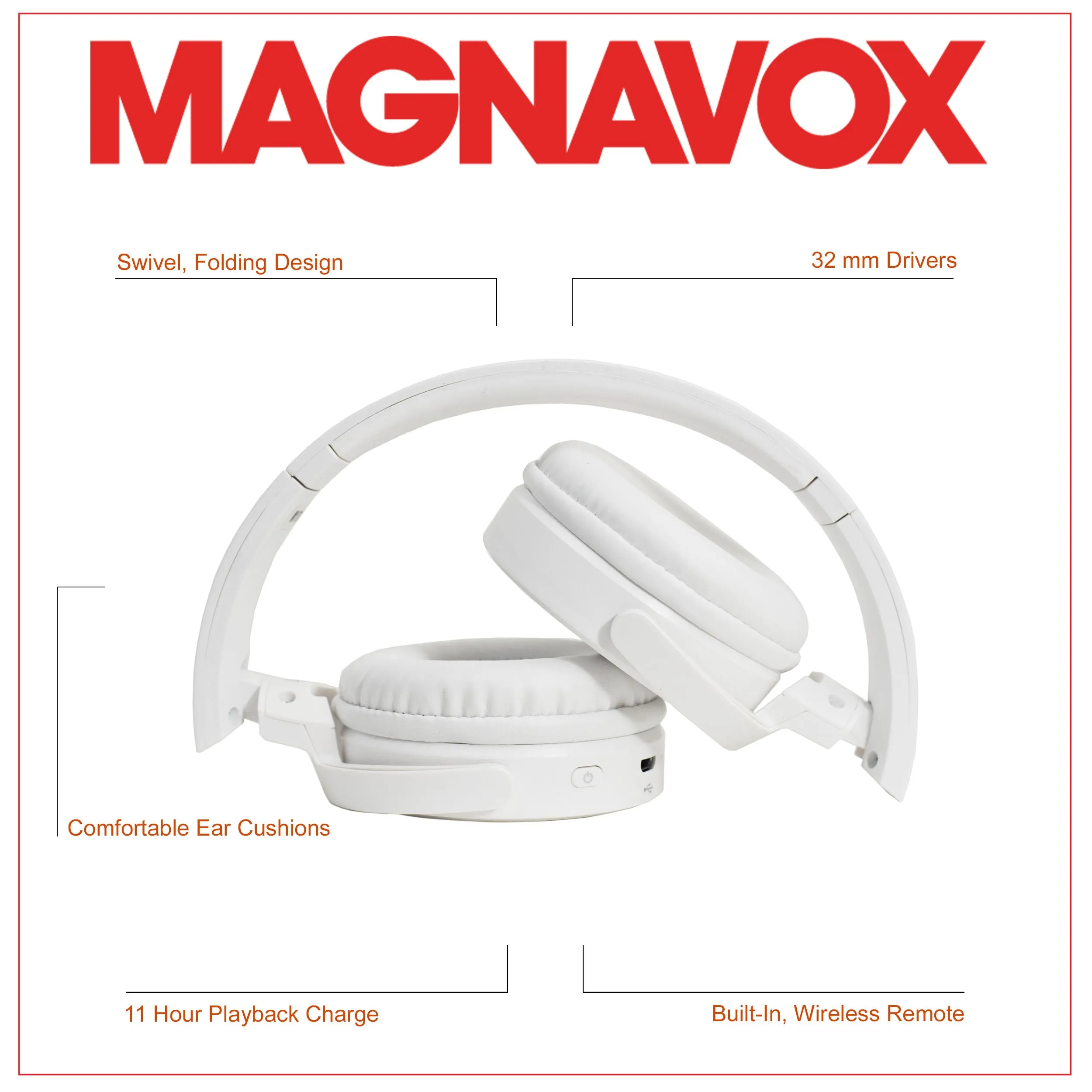 Magnavox MBH542-WH Bluetooth Wireless Foldable Stereo Headphones in White