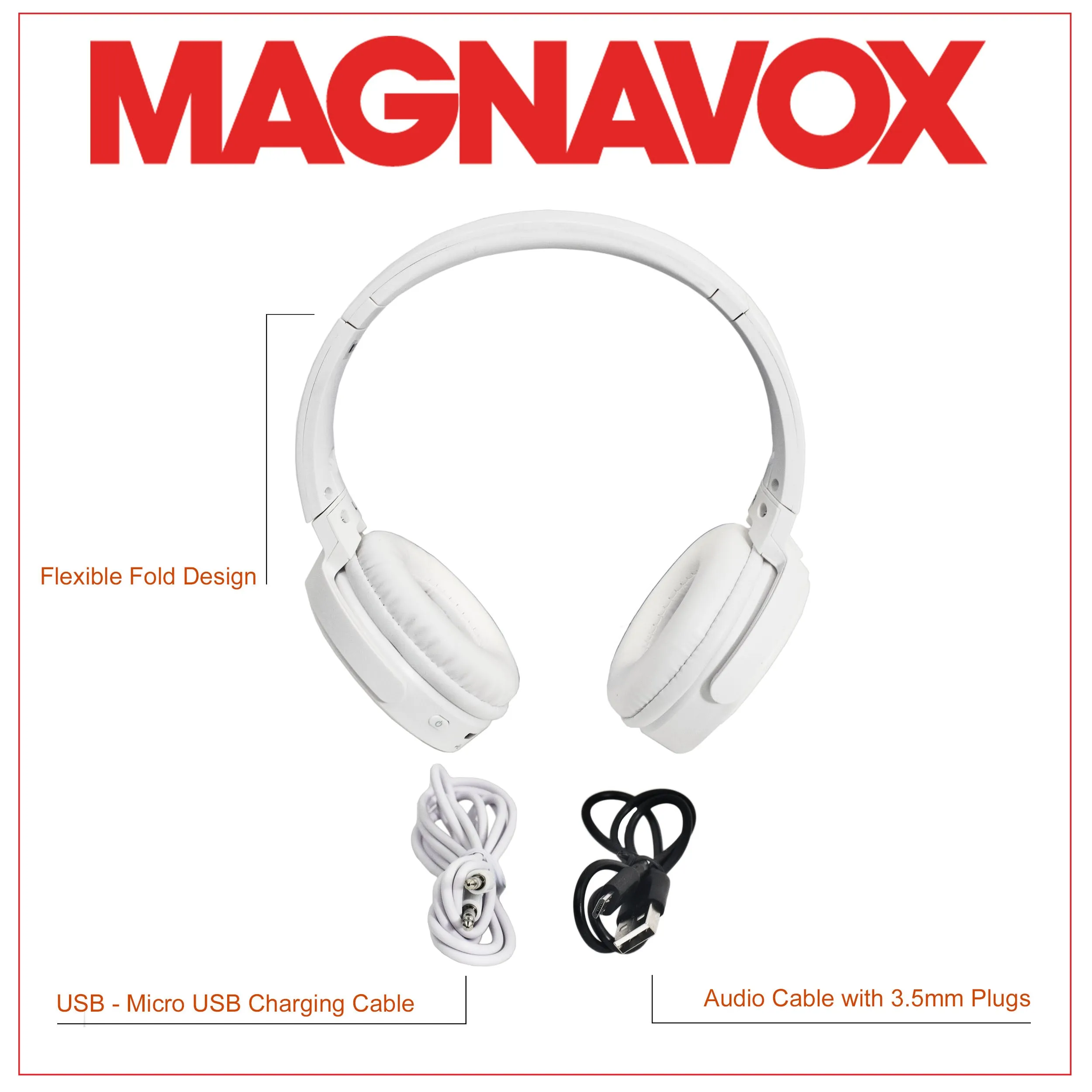 Magnavox MBH542-WH Bluetooth Wireless Foldable Stereo Headphones in White