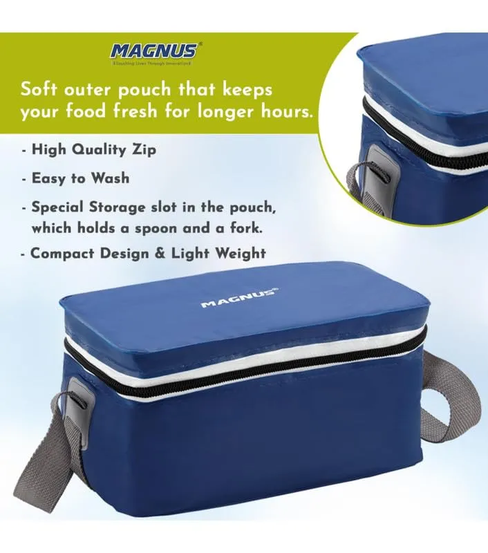 Magnus Fancy 3 Prime Steel Lunch Box Set | Leak-Proof Lunch Box for Kids | Lunch Boxes for Office Men & Women | Tiffin with 3 Compartments & Washable Cover | Safe & Stylish Design (Blue)