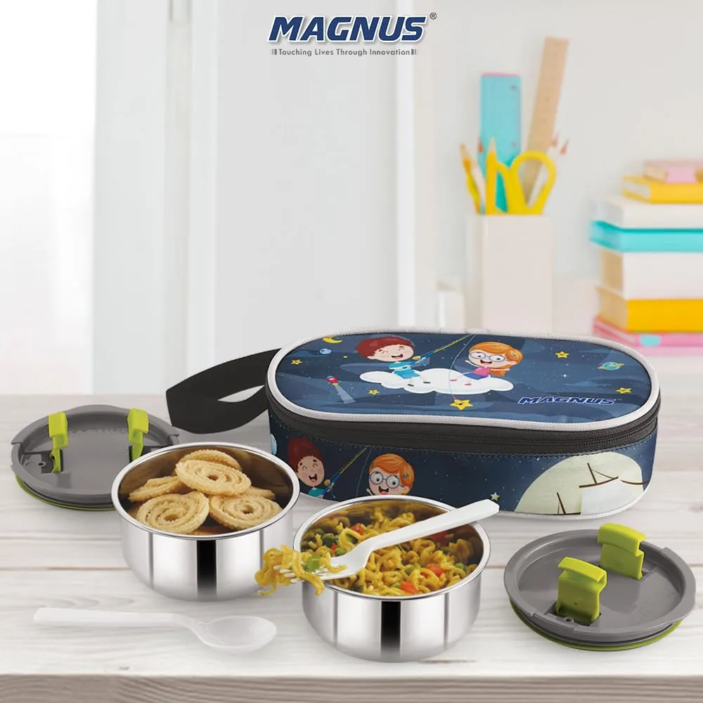 Magnus Olive Kids 2 Stainless Steel Lunch Box & Insulated Steam Lock Container | Airtight & Leakproof | Lunch Box for Kids | Lunch Boxes for Office Men | Ideal for Girls & Boys