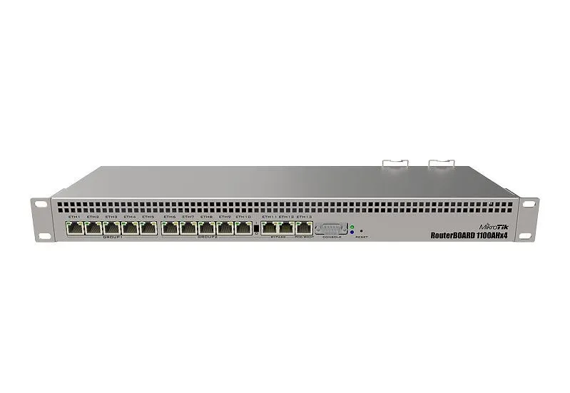 Mikrotik Wired Ethernet Router Rb1100x4, 1U Rackmount, Quad Core 1.4Ghz Cpu, 1 Gb Ram, 128 Mb, 13Xgigabit Lan, 1Xserial