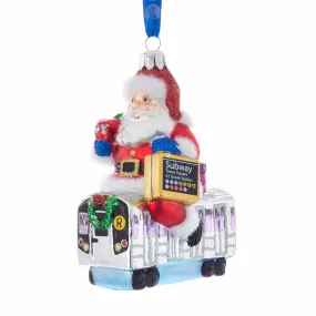 MTA NYC Transit Glass Santa Riding Subway Car Ornament