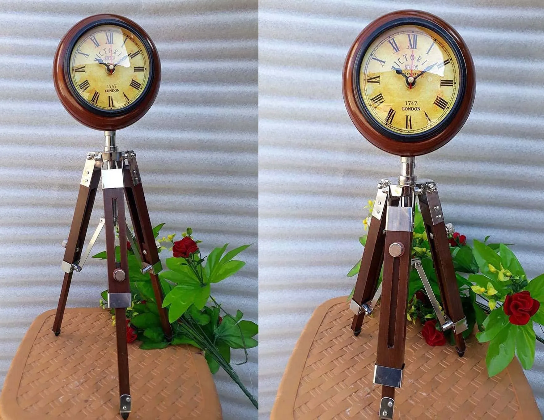 Nautical Wooden Tripod Stand with Clock, Table Clock, Desk Clock, Adjustable Stand Home & Office Decor & Tabletop Decor