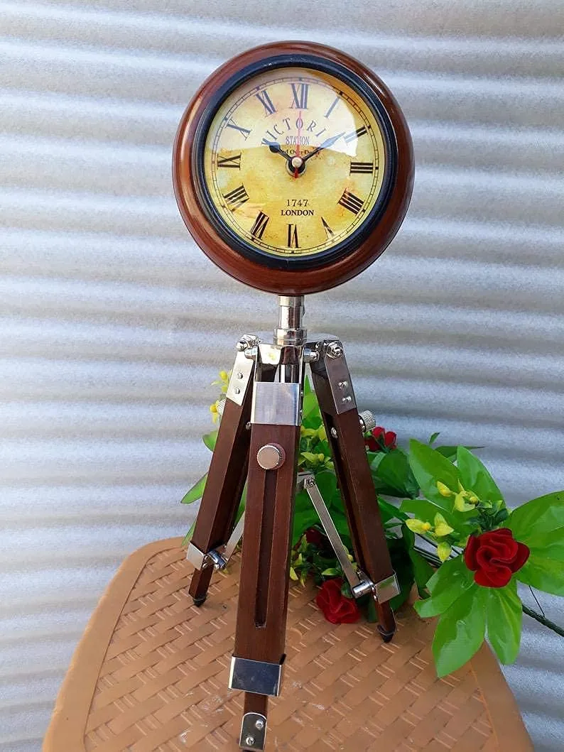 Nautical Wooden Tripod Stand with Clock, Table Clock, Desk Clock, Adjustable Stand Home & Office Decor & Tabletop Decor