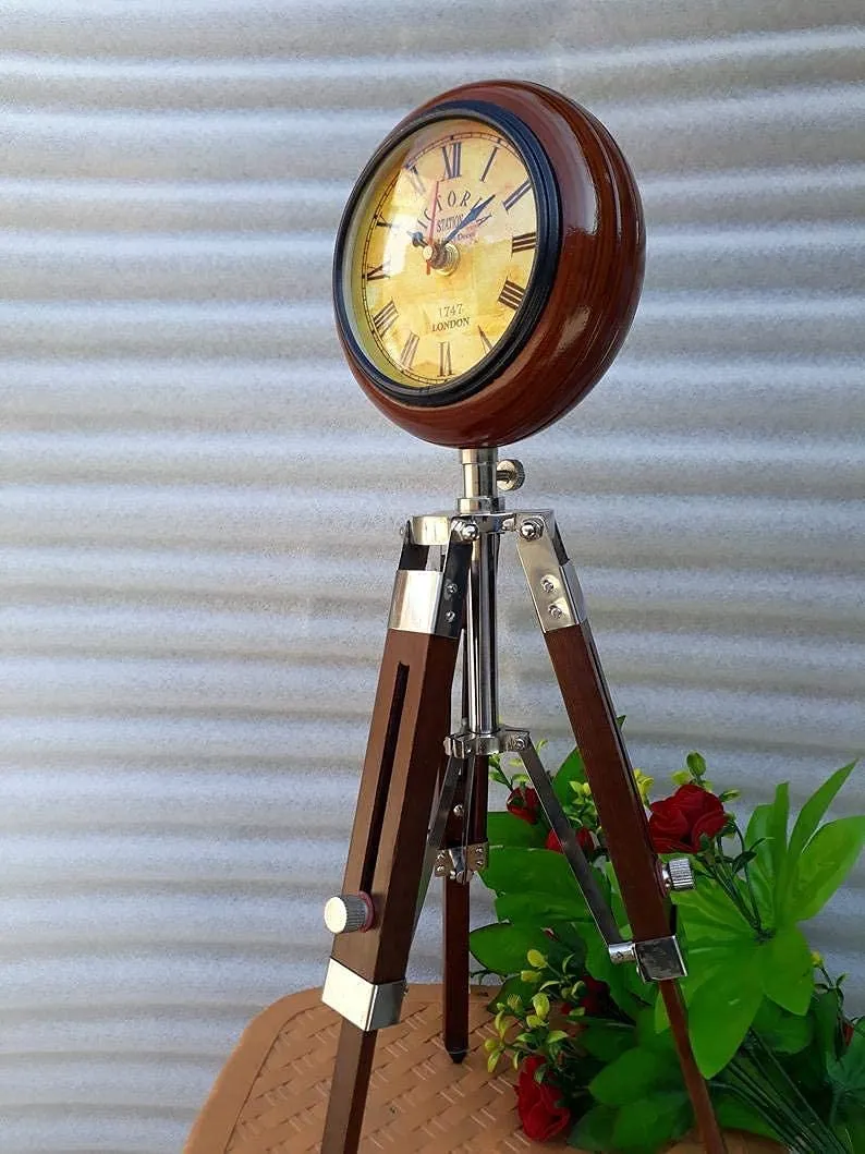 Nautical Wooden Tripod Stand with Clock, Table Clock, Desk Clock, Adjustable Stand Home & Office Decor & Tabletop Decor