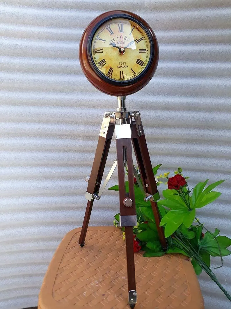 Nautical Wooden Tripod Stand with Clock, Table Clock, Desk Clock, Adjustable Stand Home & Office Decor & Tabletop Decor