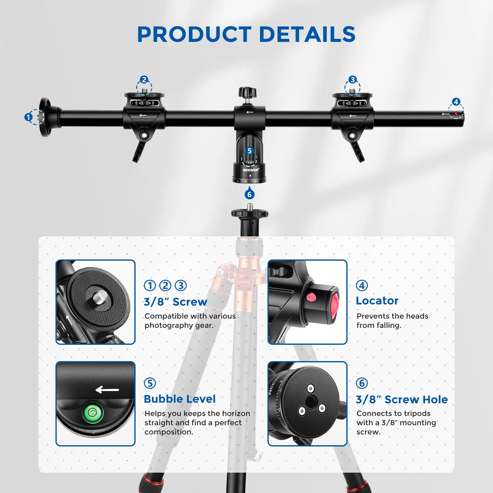 NEEWER 25"/30'' 62cm/76cm Horizontal Tripod Center Axis