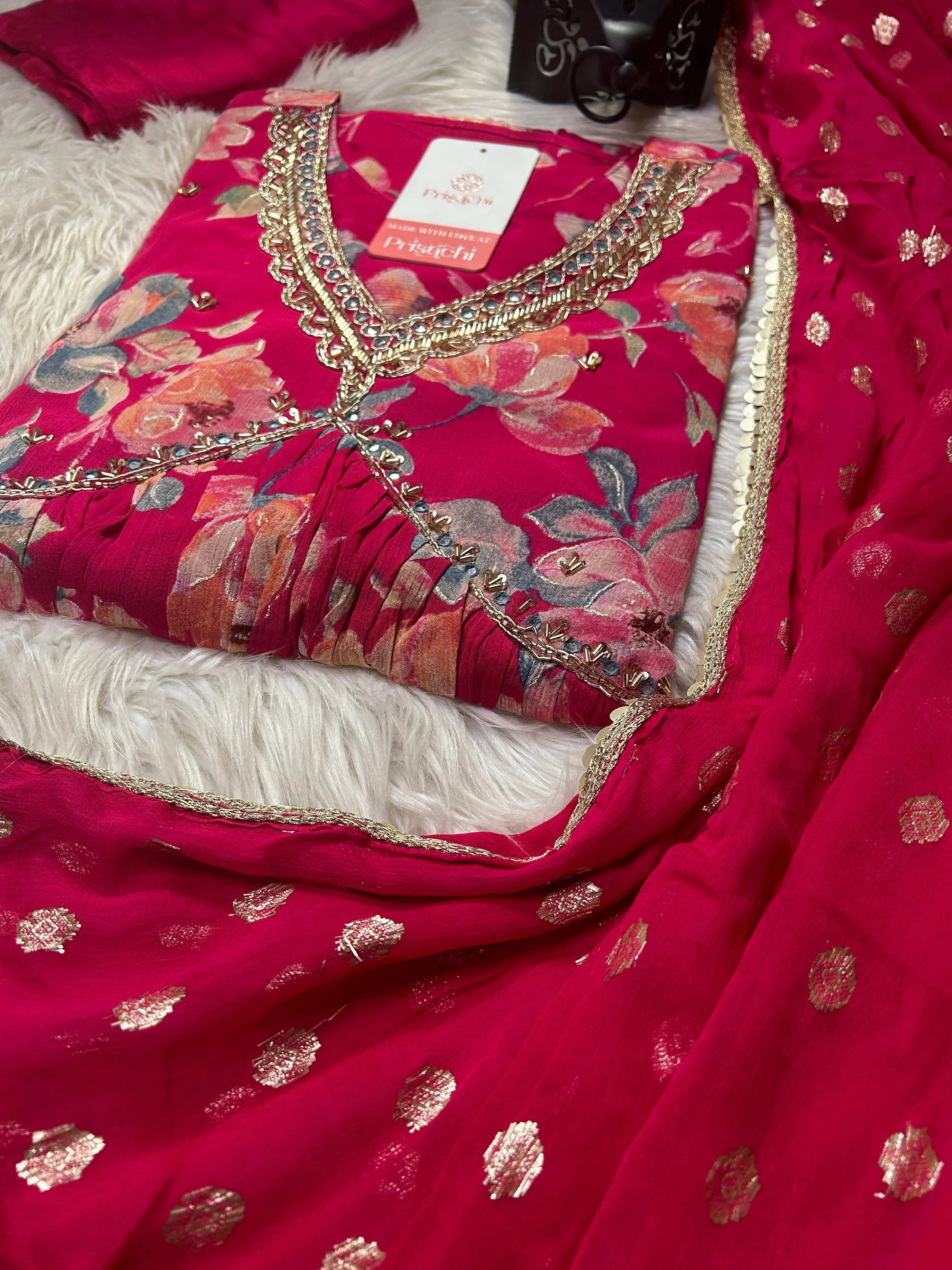 Pink Chinon floral print Alia cut Anarkali dress