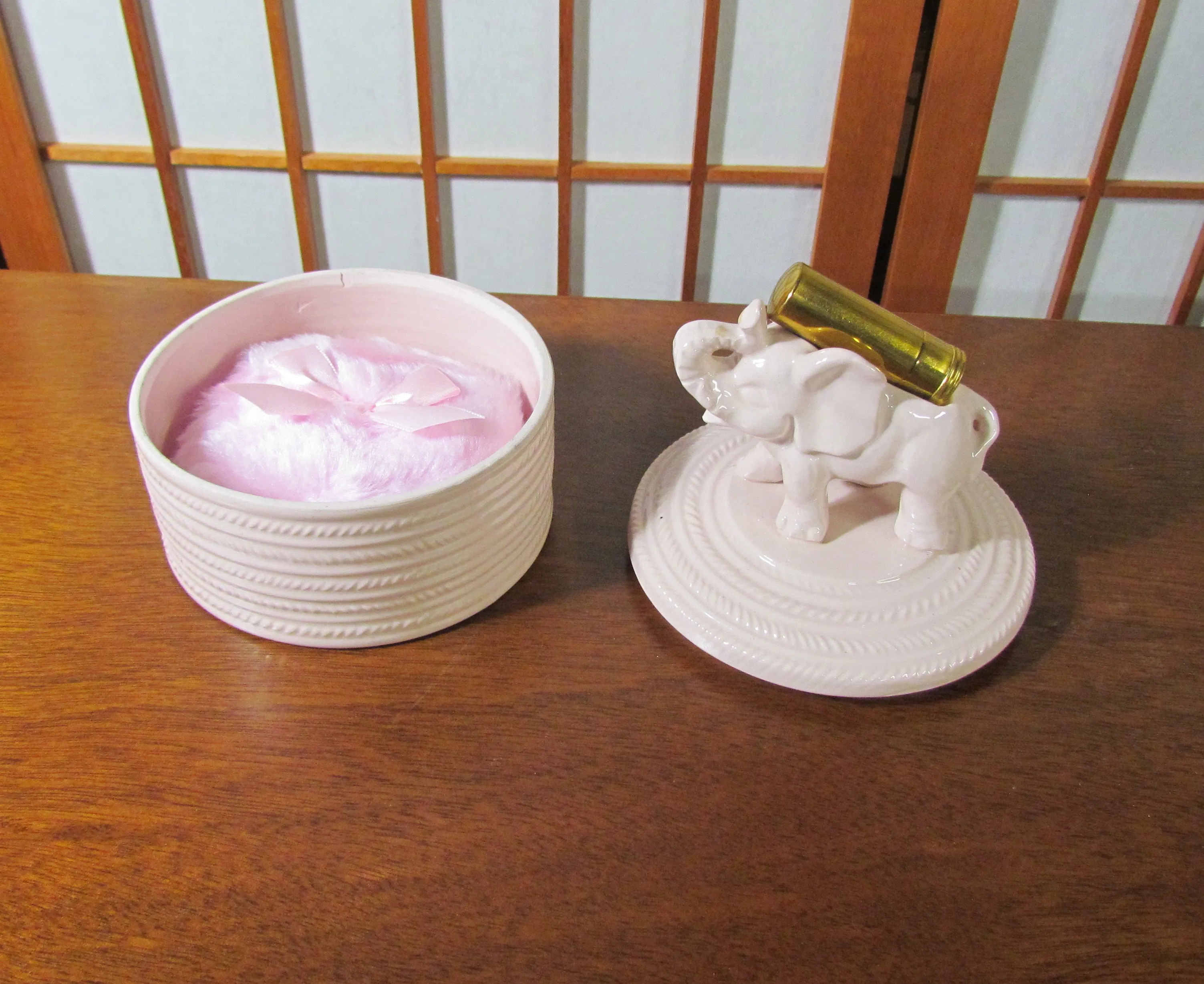 Pink Elephant Powder Box Ceramic Powder Jar With Powder Puff & Brush 1930s