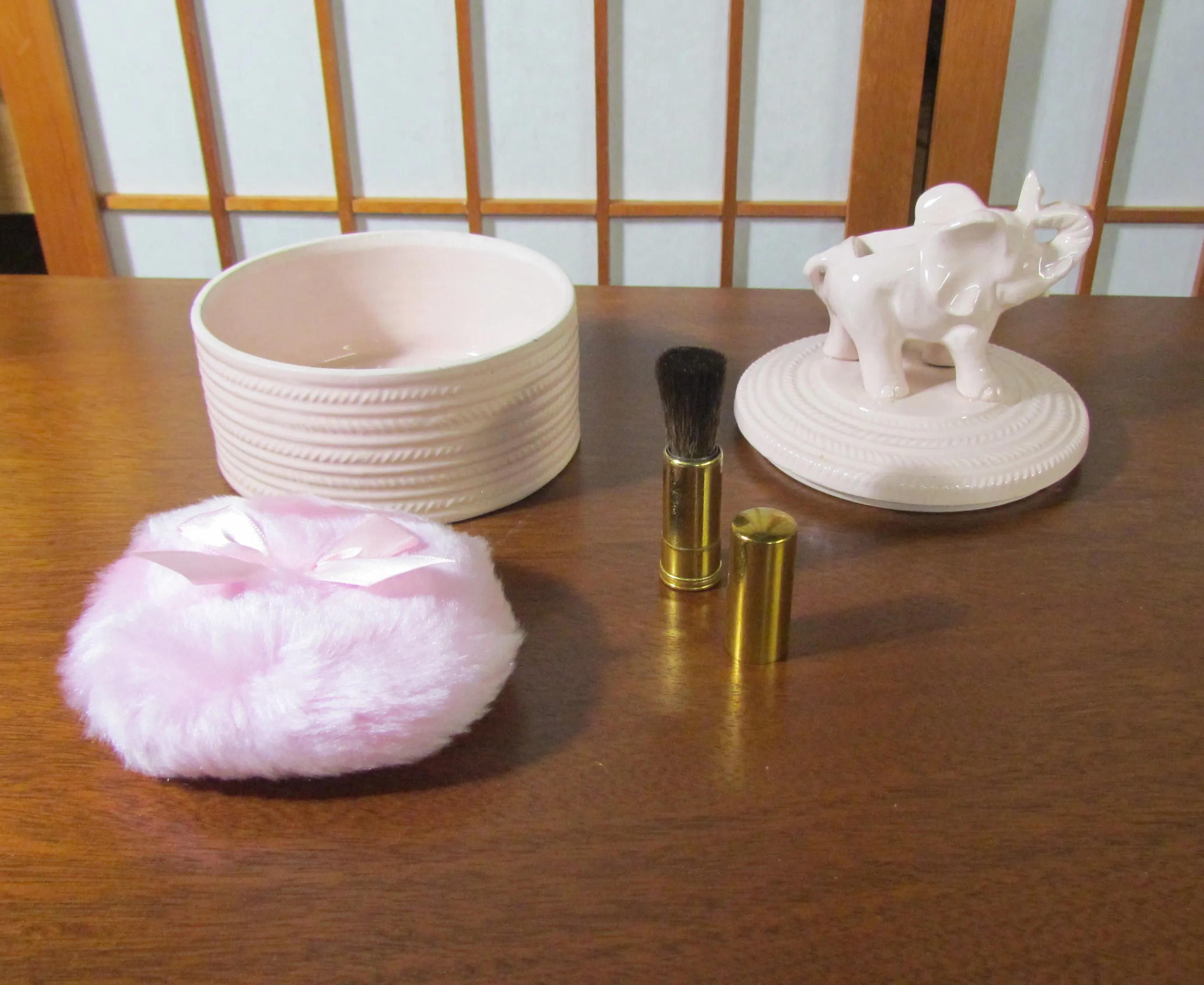 Pink Elephant Powder Box Ceramic Powder Jar With Powder Puff & Brush 1930s