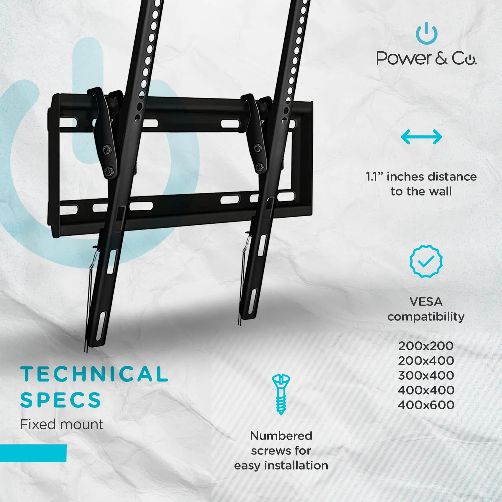 Power & Co Universal Fixed Tv Wall Mount for 32 to 75 Screens 154 Lbs Capacity