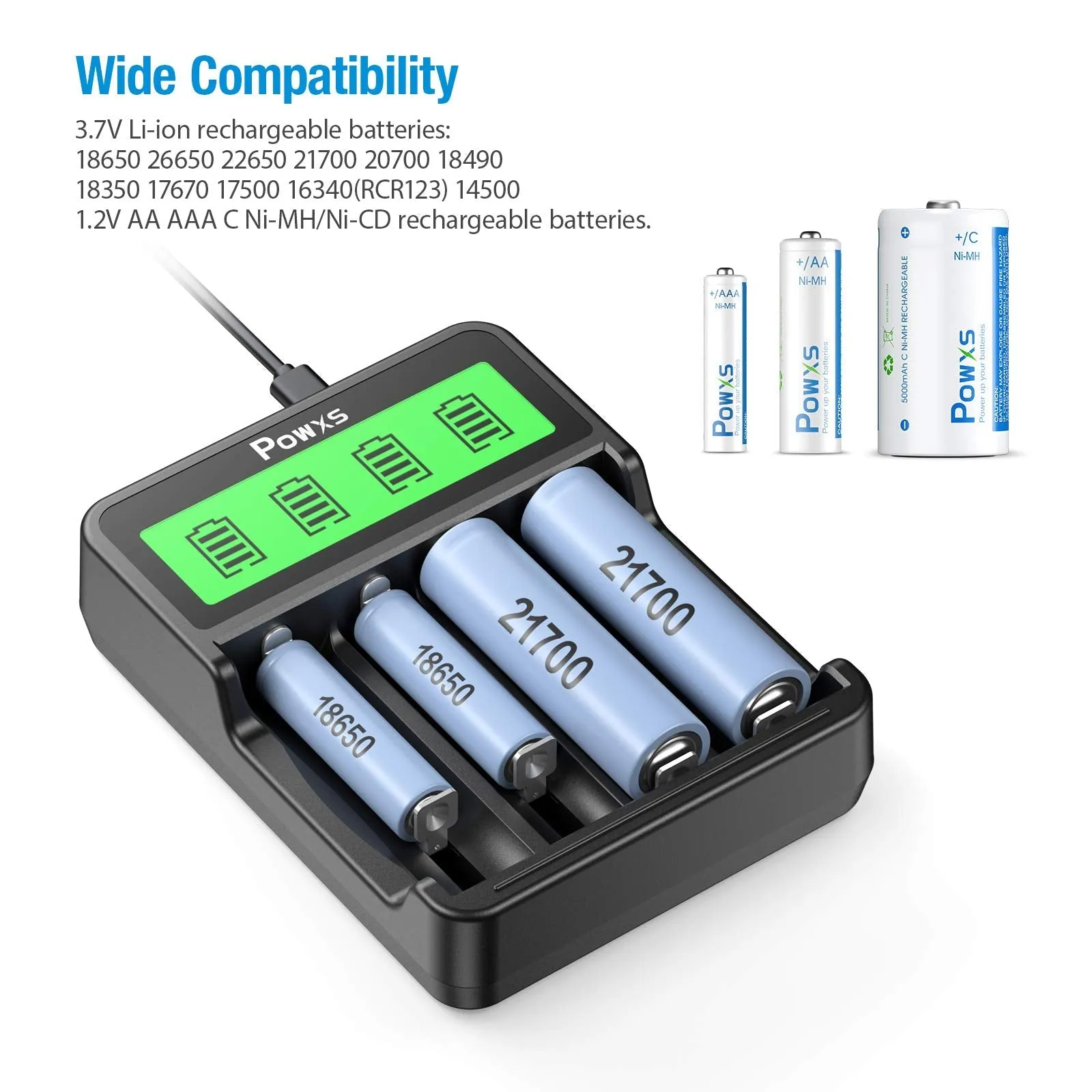 POWXS SW-4P Battery Charger with 18650 Li-ion Batteries