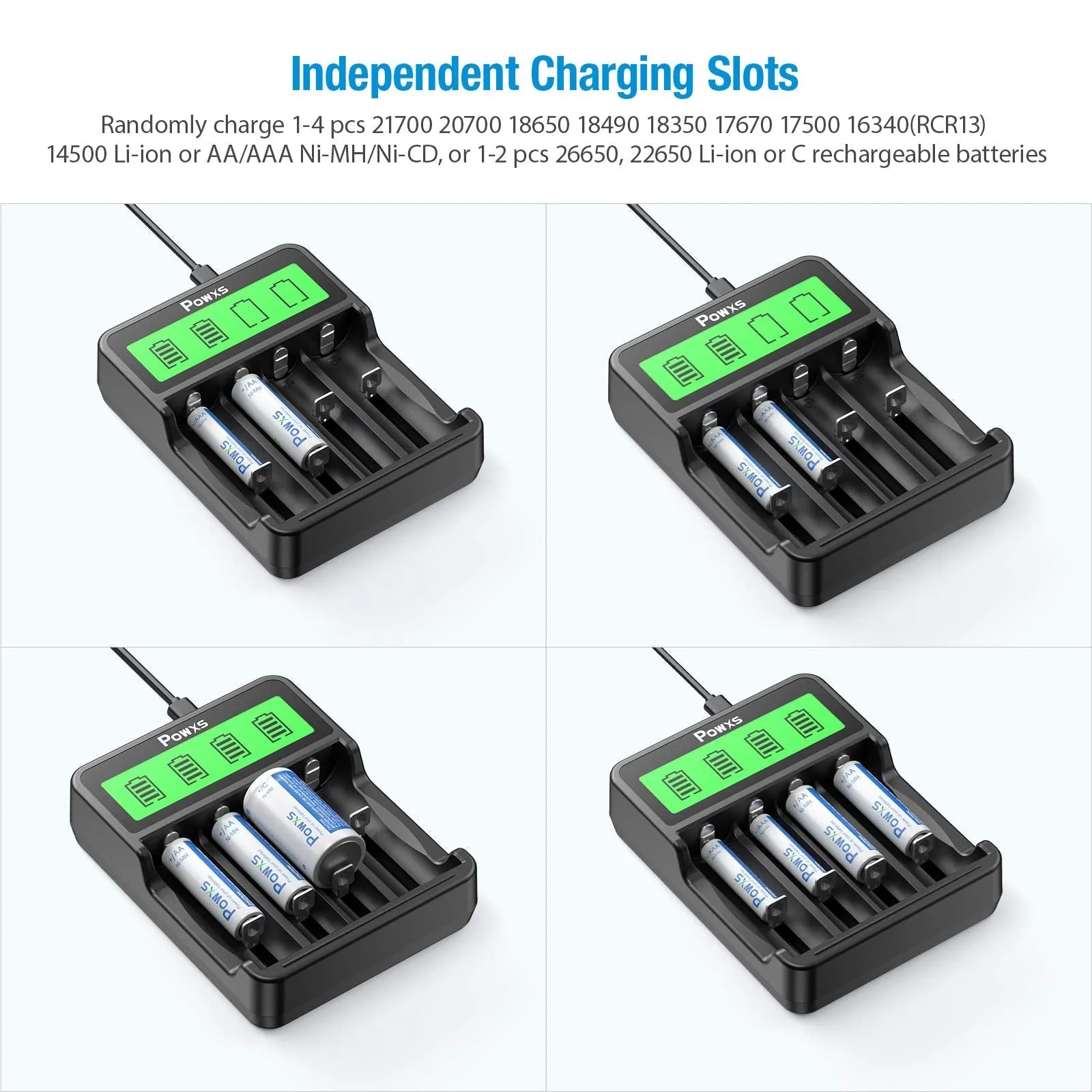 POWXS SW-4P Battery Charger with 18650 Li-ion Batteries