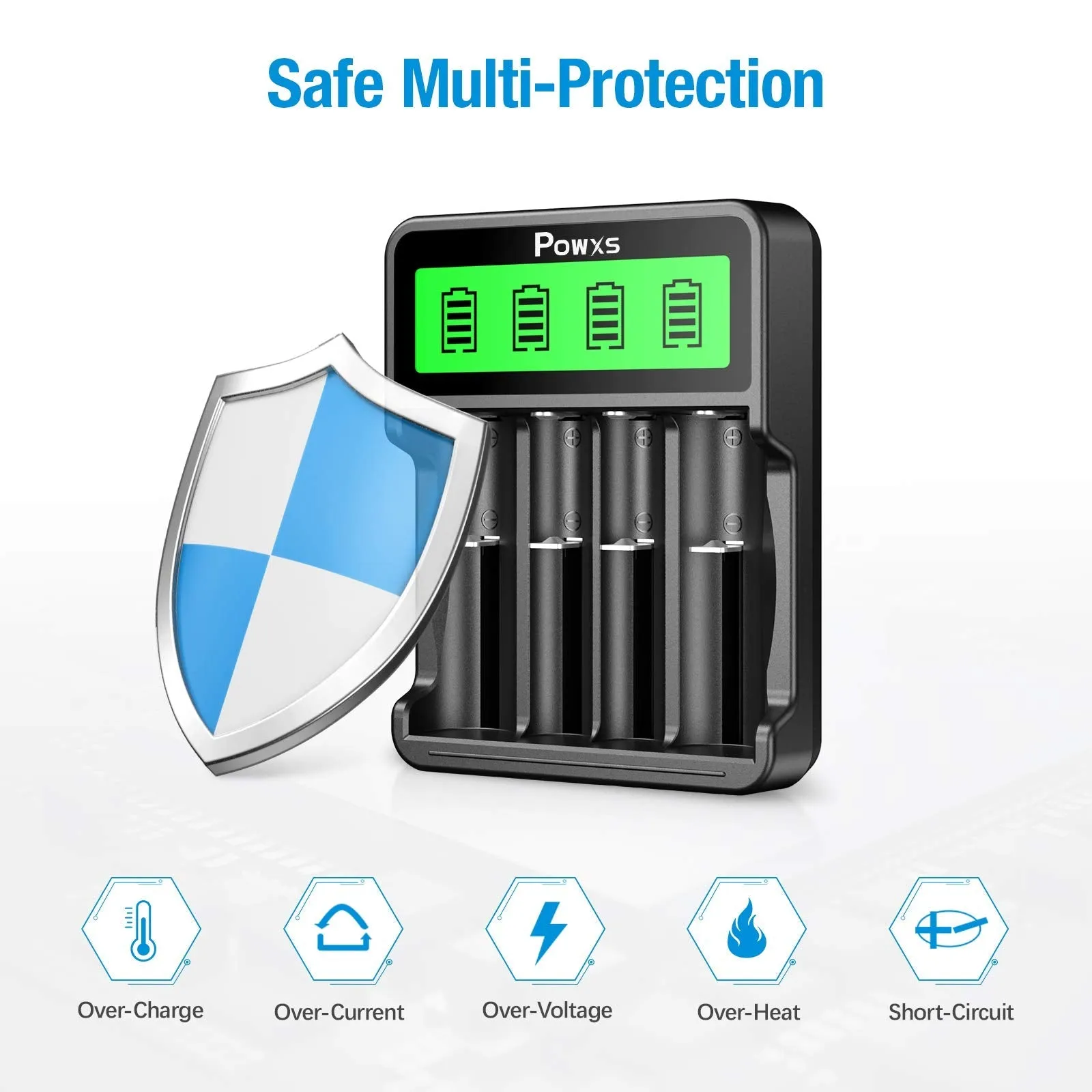 POWXS SW-4P Battery Charger with 18650 Li-ion Batteries