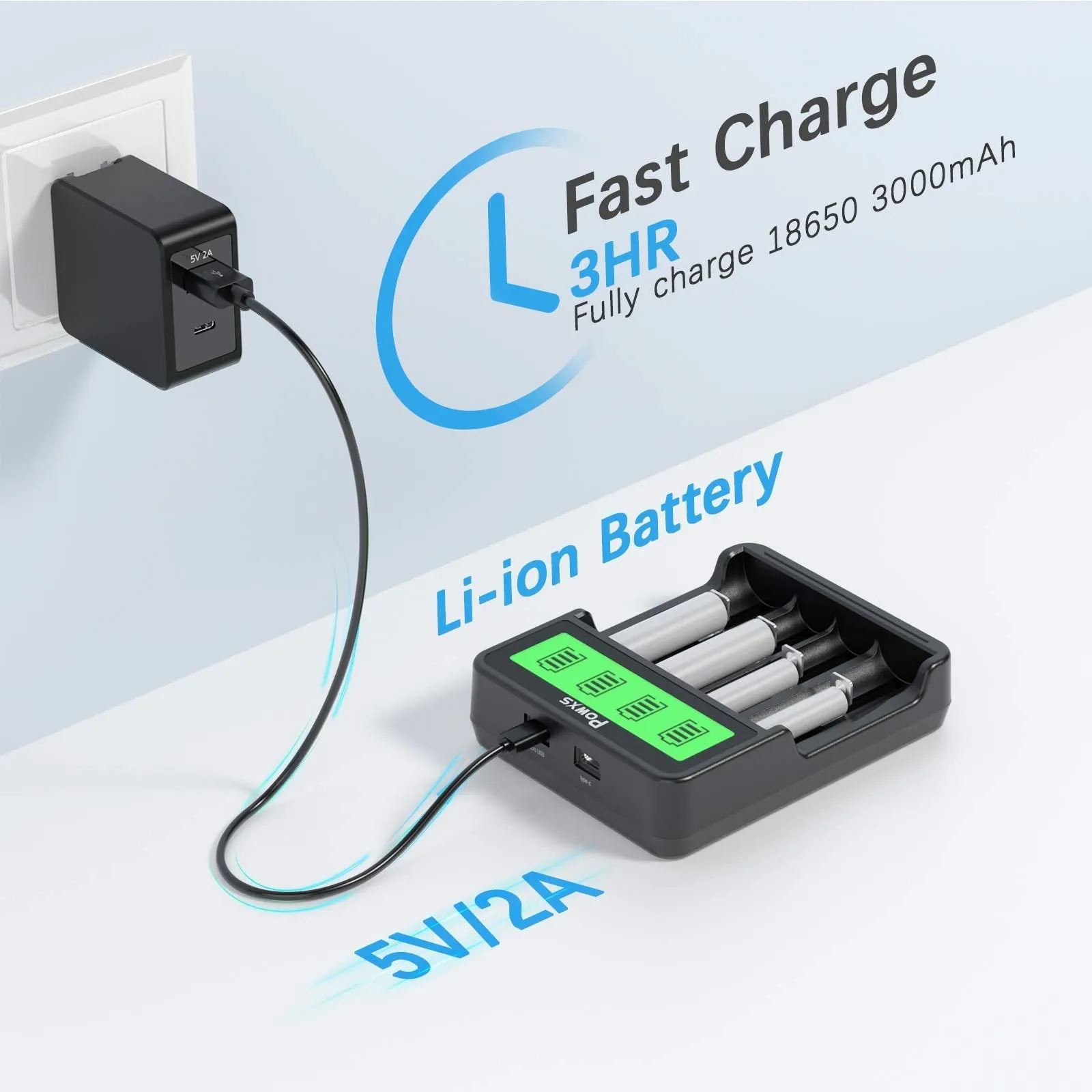 POWXS SW-4P Battery Charger with 18650 Li-ion Batteries