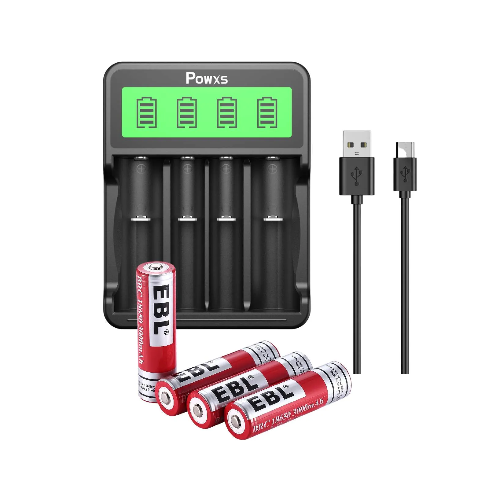 POWXS SW-4P Battery Charger with 18650 Li-ion Batteries