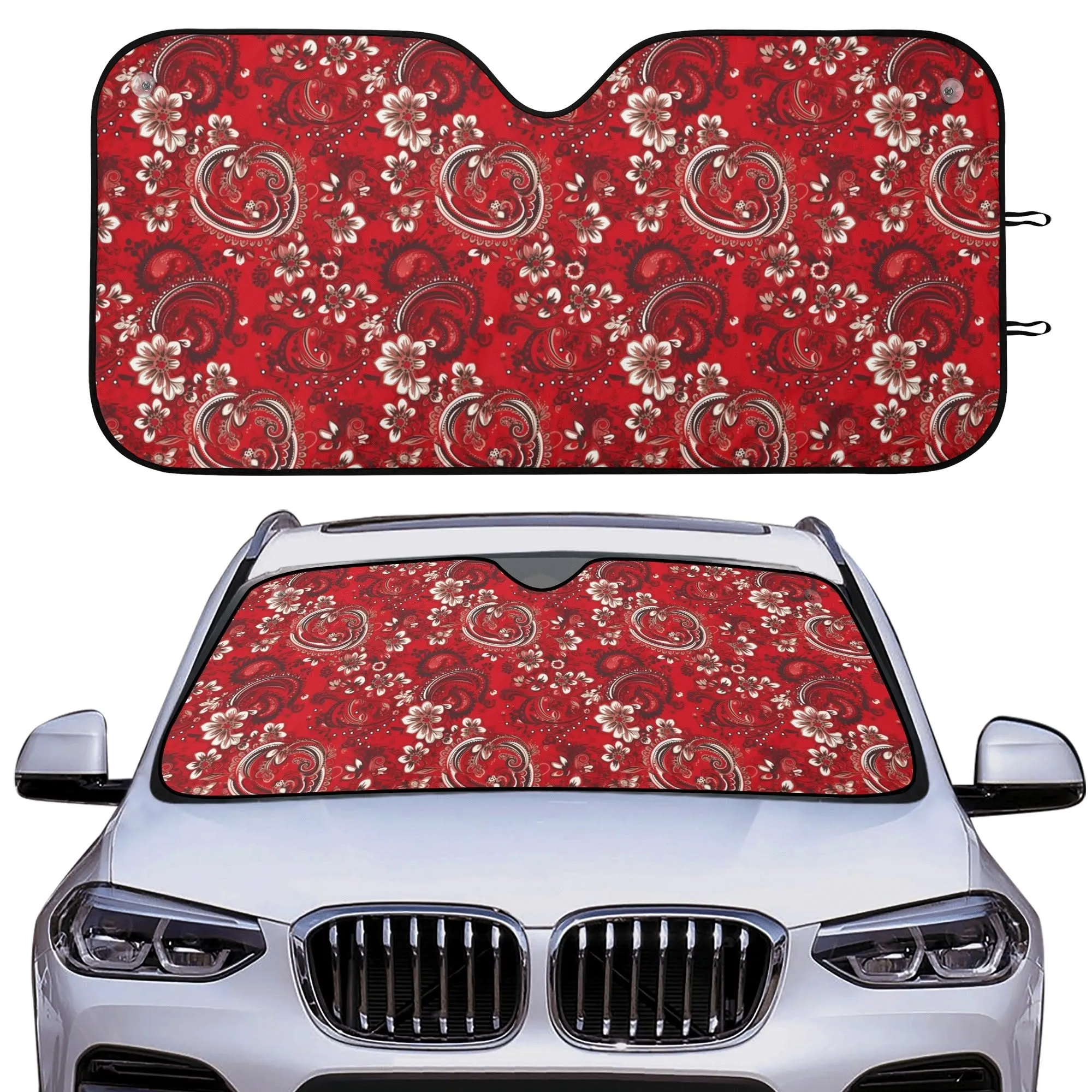 Red Paisley Car Sun Shade, Bandana Front Windshield Coverings Blocker Auto Protector Window Visor Screen Cover Shield Men Women SUV Truck