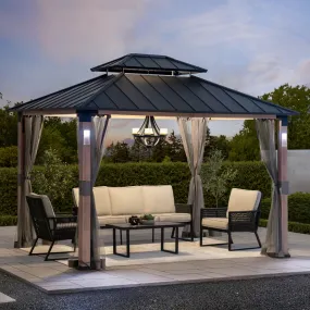 SUNJOY 10’ x 12’ Kirkfield Hard Top Gazebo with Mesh Netting & LED Lights