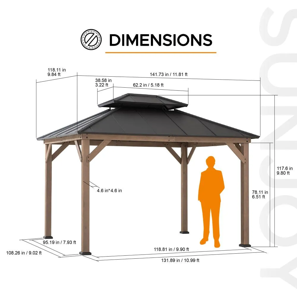 SUNJOY 10x12 ft. Wood Gazebo, Outdoor Patio Steel Hardtop Gazebo, Cedar Framed Wooden Gazebo with 2-tier Metal Roof and Ceiling Hook