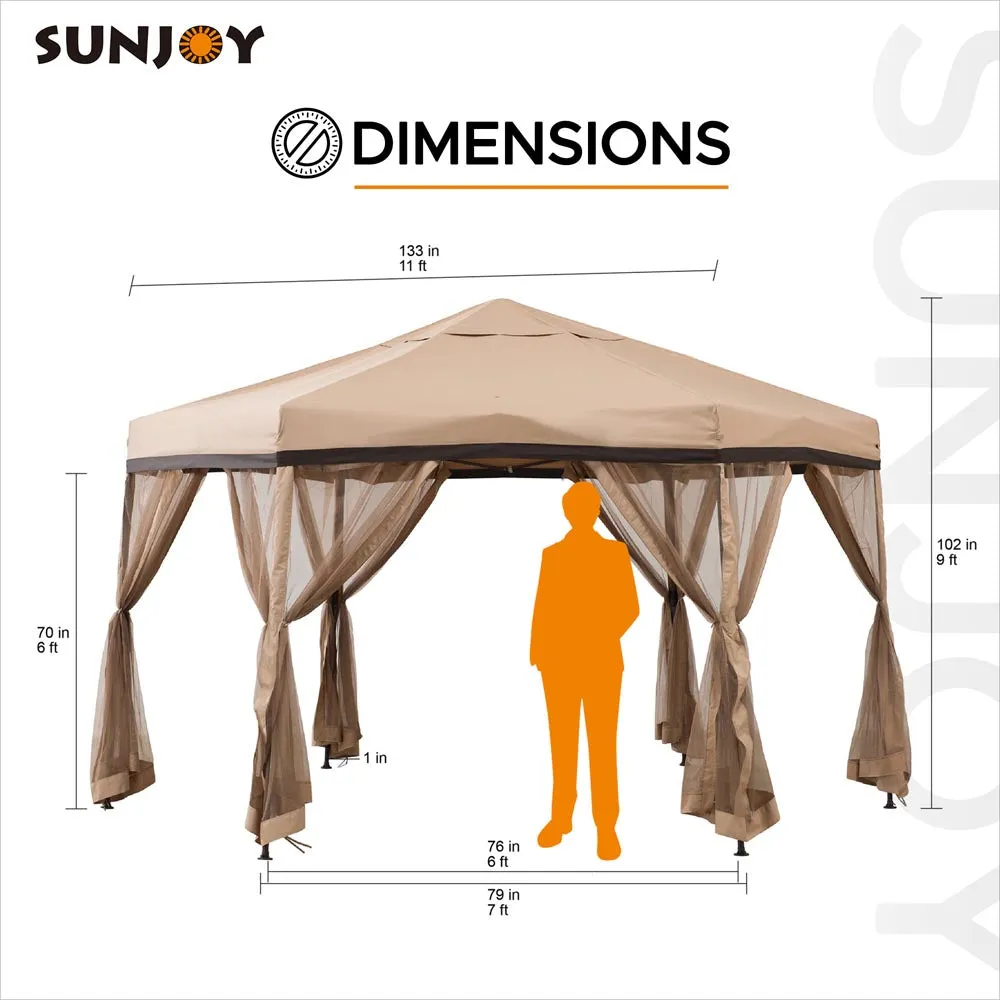 SUNJOY 11x11 Hexagon Pop Up Gazebo with Netting