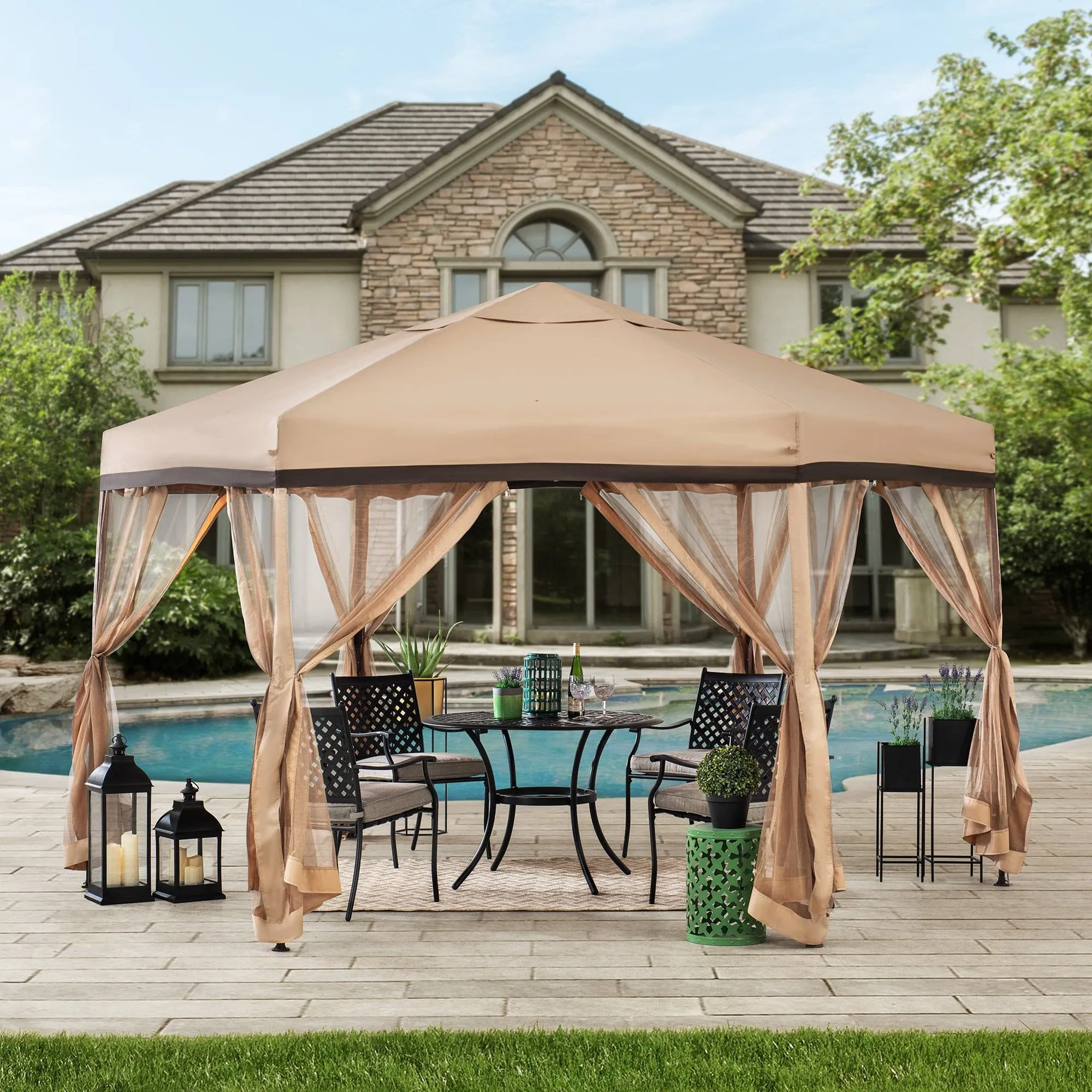 SUNJOY 11x11 Hexagon Pop Up Gazebo with Netting