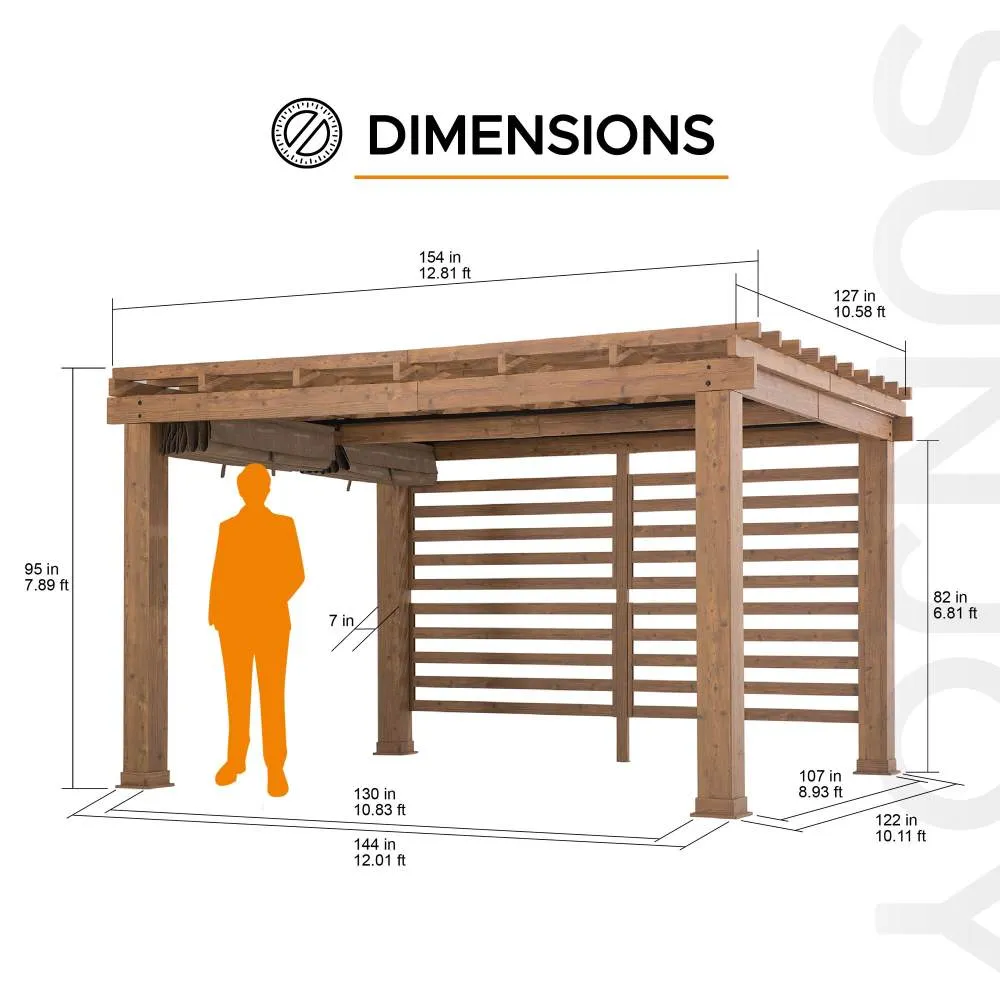 SUNJOY 11x13 ft. Outdoor Aluminum Pergola, Woodgrain Aluminum Frame Pergola with Retractable Sunshade Sling Fabric Canopy and Privacy Wall