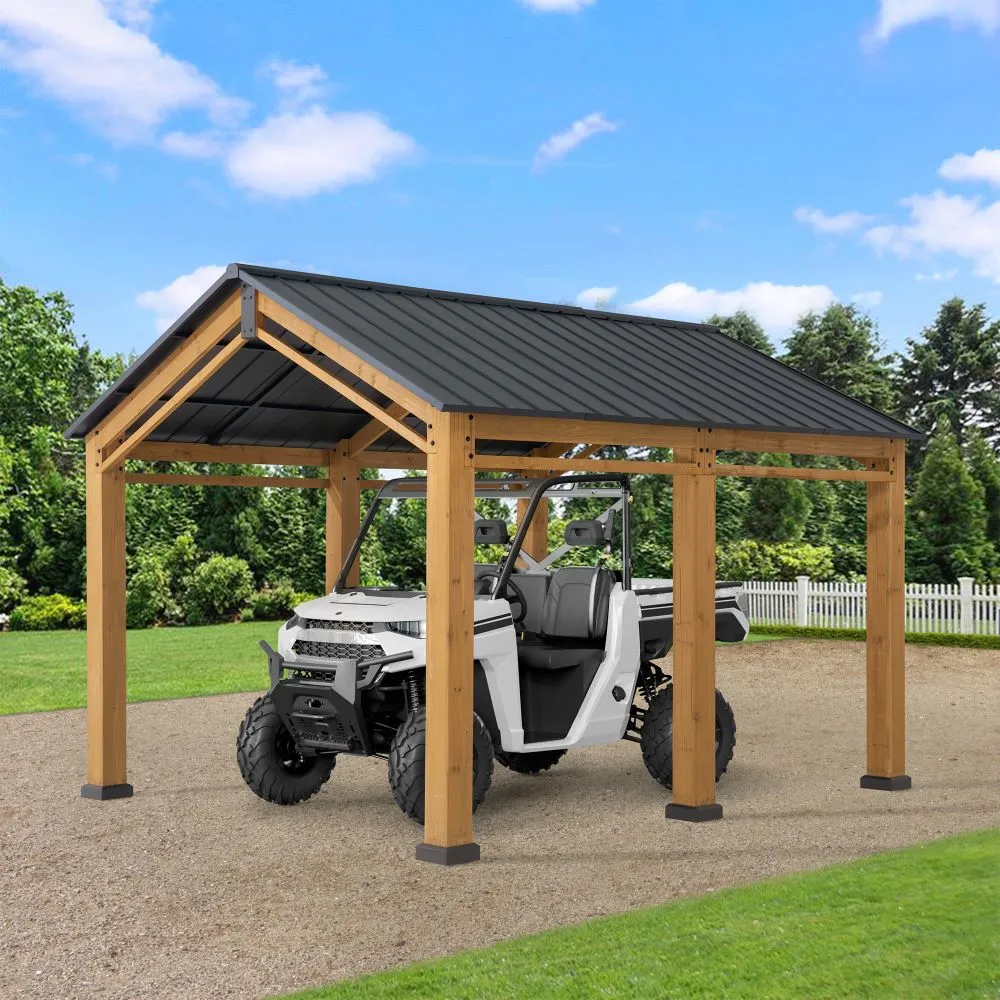 SUNJOY 11x13 Wood Carport, Black Gable Roof Wood Gazebo, Outdoor Living Pavilion with Ceiling Hook