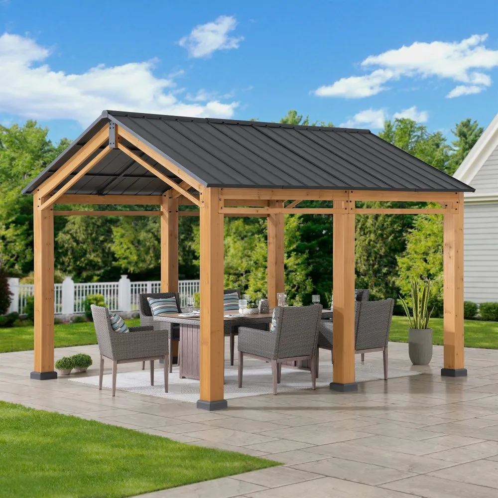 SUNJOY 11x13 Wood Carport, Black Gable Roof Wood Gazebo, Outdoor Living Pavilion with Ceiling Hook