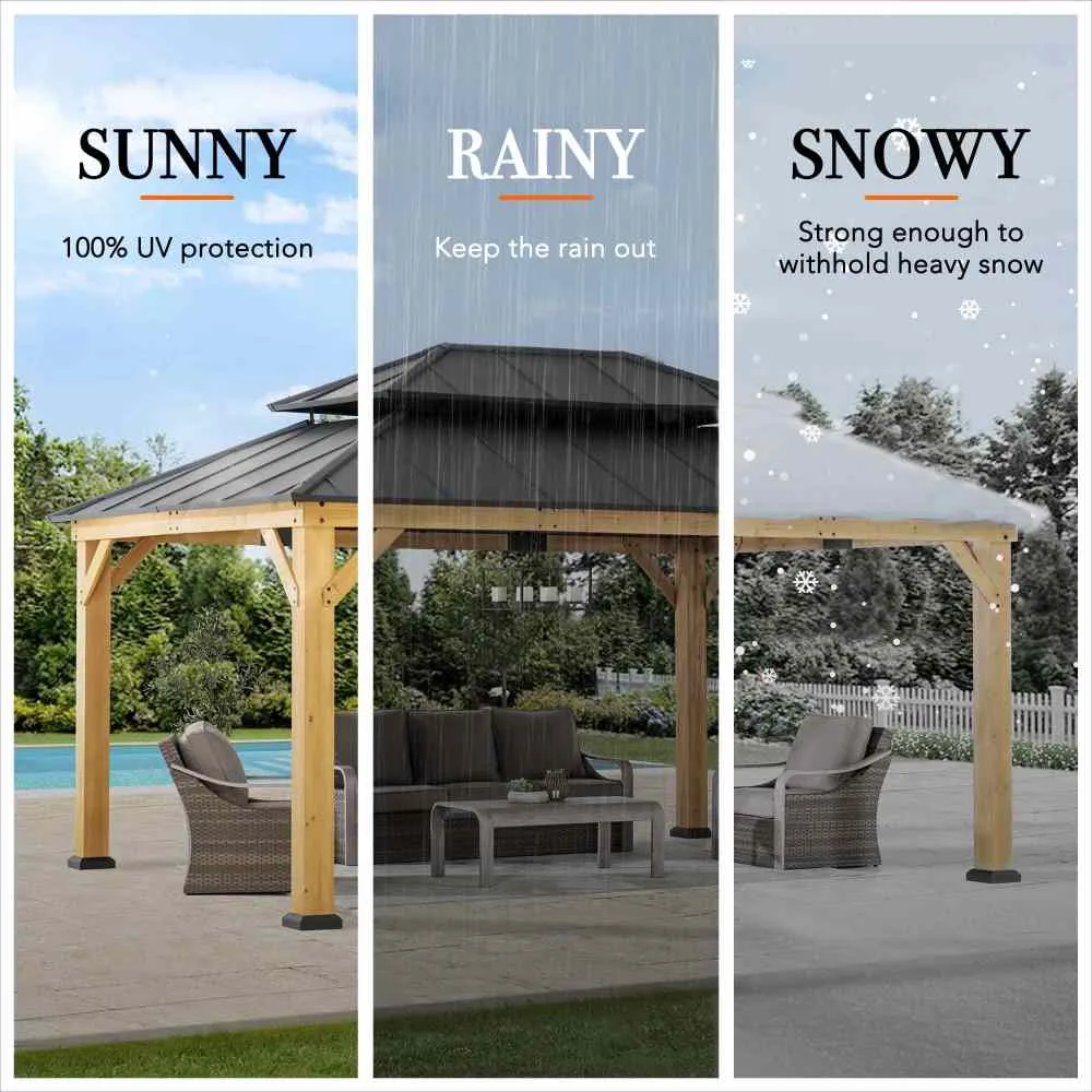 SUNJOY 12x16 ft. Wood Gazebo, Outdoor Patio Steel Hardtop Gazebo, Cedar Framed Wooden Gazebo with 2-tier Metal Roof and Ceiling Hook