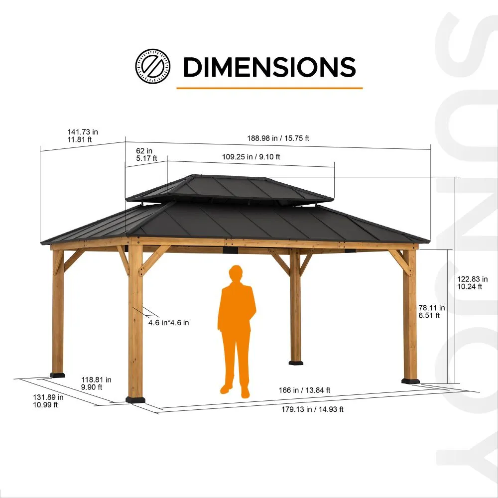 SUNJOY 12x16 ft. Wood Gazebo, Outdoor Patio Steel Hardtop Gazebo, Cedar Framed Wooden Gazebo with 2-tier Metal Roof and Ceiling Hook