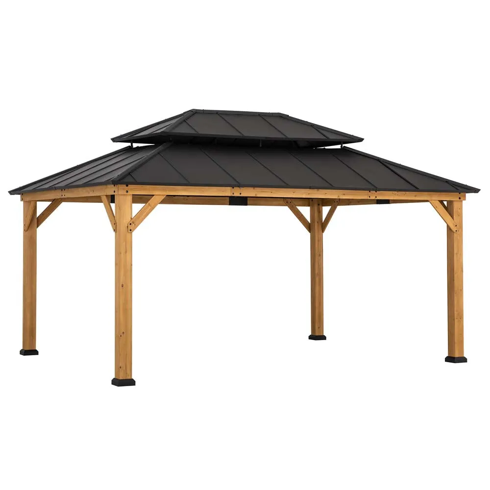 SUNJOY 12x16 ft. Wood Gazebo, Outdoor Patio Steel Hardtop Gazebo, Cedar Framed Wooden Gazebo with 2-tier Metal Roof and Ceiling Hook