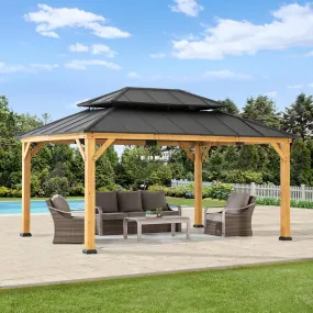 SUNJOY 12x16 ft. Wood Gazebo, Outdoor Patio Steel Hardtop Gazebo, Cedar Framed Wooden Gazebo with 2-tier Metal Roof and Ceiling Hook