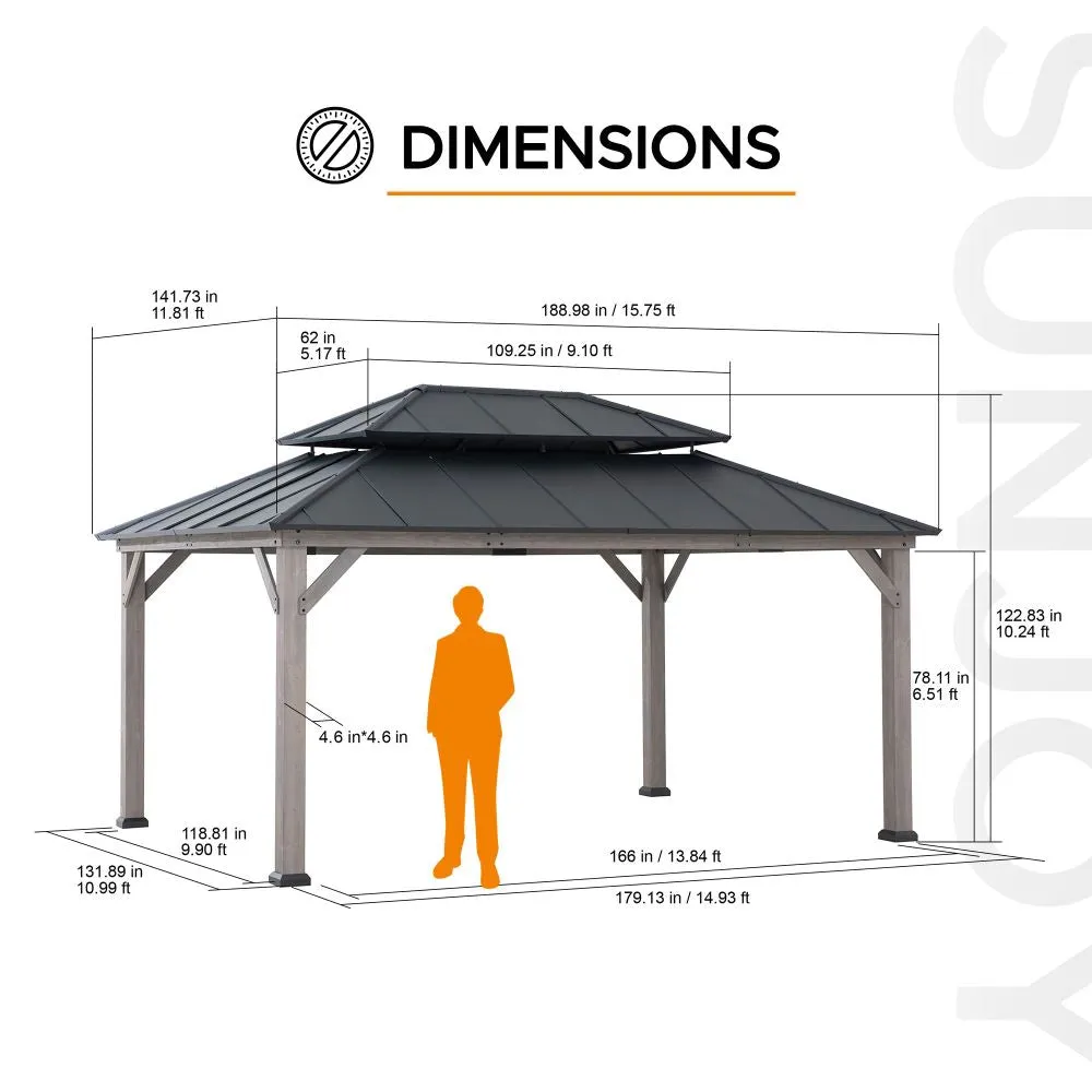 SUNJOY 12x16 ft. Wood Gazebo, Outdoor Patio Steel Hardtop Gazebo, Cedar Framed Wooden Gazebo with 2-tier Metal Roof and Ceiling Hook