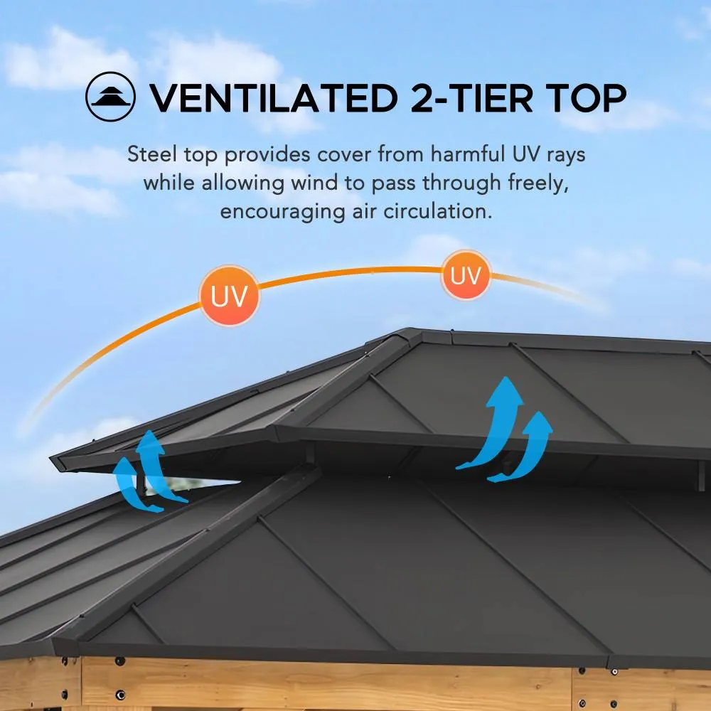 SUNJOY 12x16 ft. Wood Gazebo, Outdoor Patio Steel Hardtop Gazebo, Cedar Framed Wooden Gazebo with 2-tier Metal Roof and Ceiling Hook