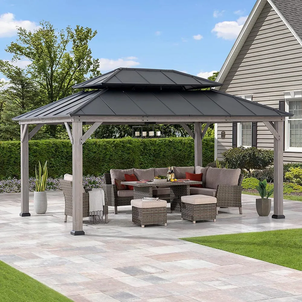 SUNJOY 12x16 ft. Wood Gazebo, Outdoor Patio Steel Hardtop Gazebo, Cedar Framed Wooden Gazebo with 2-tier Metal Roof and Ceiling Hook