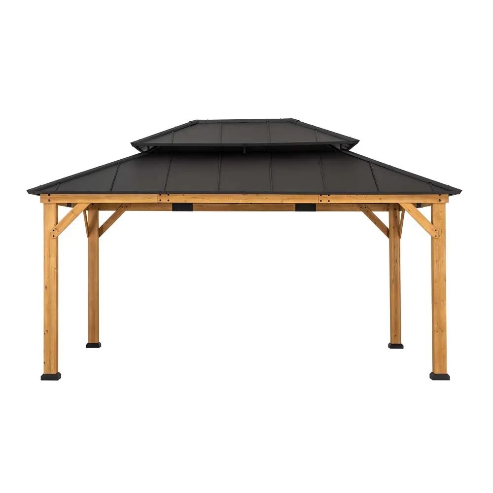 SUNJOY 12x16 ft. Wood Gazebo, Outdoor Patio Steel Hardtop Gazebo, Cedar Framed Wooden Gazebo with 2-tier Metal Roof and Ceiling Hook