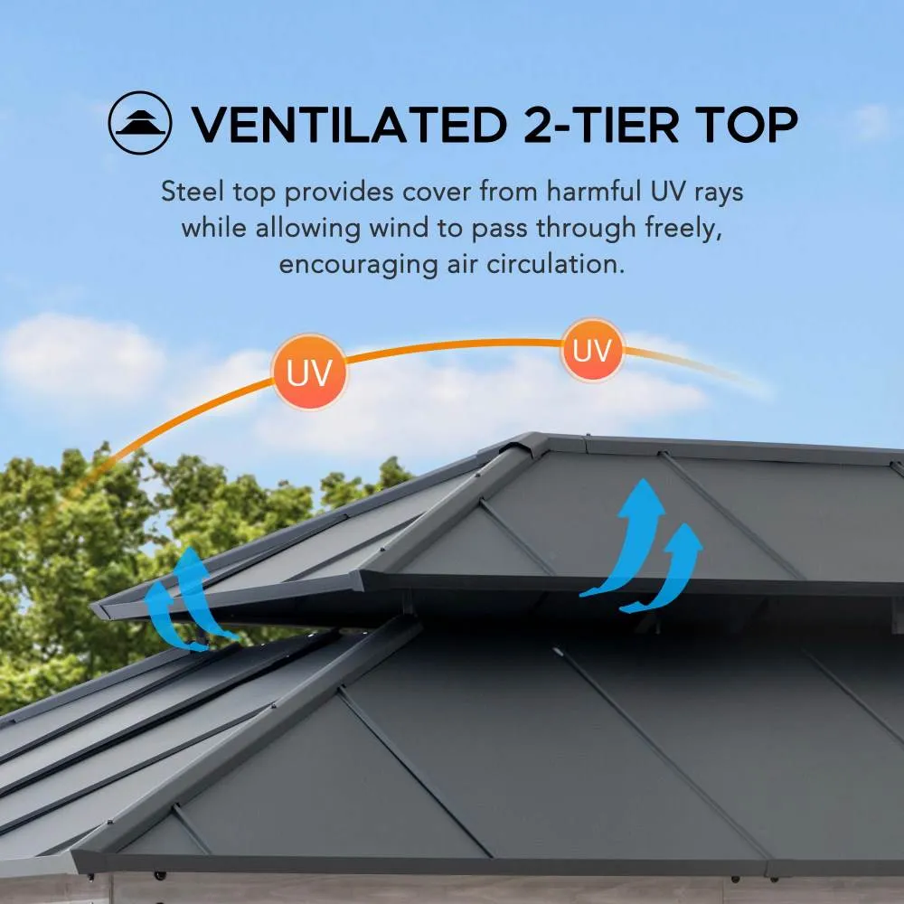 SUNJOY 12x16 ft. Wood Gazebo, Outdoor Patio Steel Hardtop Gazebo, Cedar Framed Wooden Gazebo with 2-tier Metal Roof and Ceiling Hook