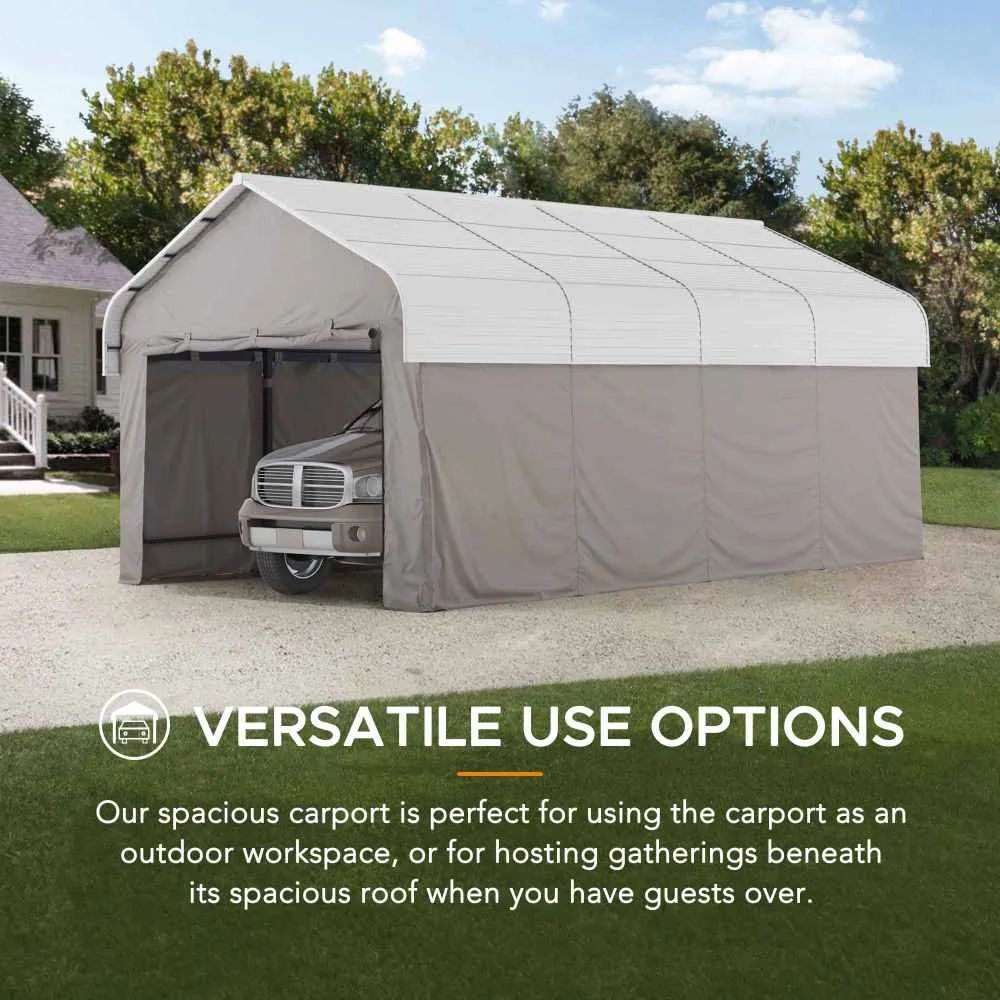 SUNJOY 12x20 Metal Carports, Outdoor Gazebo with Light Gray Metal Roof, Outdoor Living Pavilion with Ceiling Hook, and Fabric Enclosure