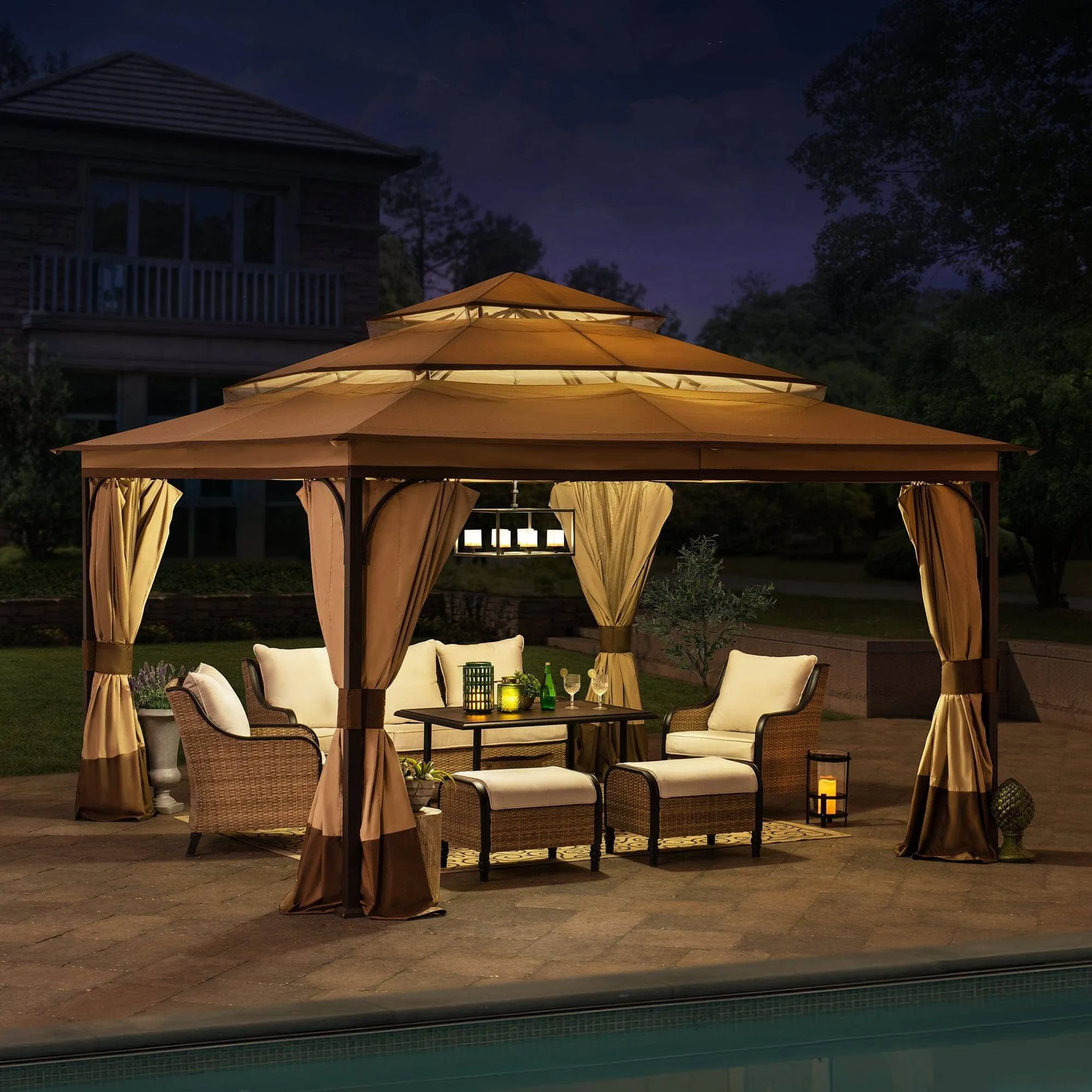 SUNJOY 13x13 Deck Gazebo with 3-tier Roof, Netting, and Curtain