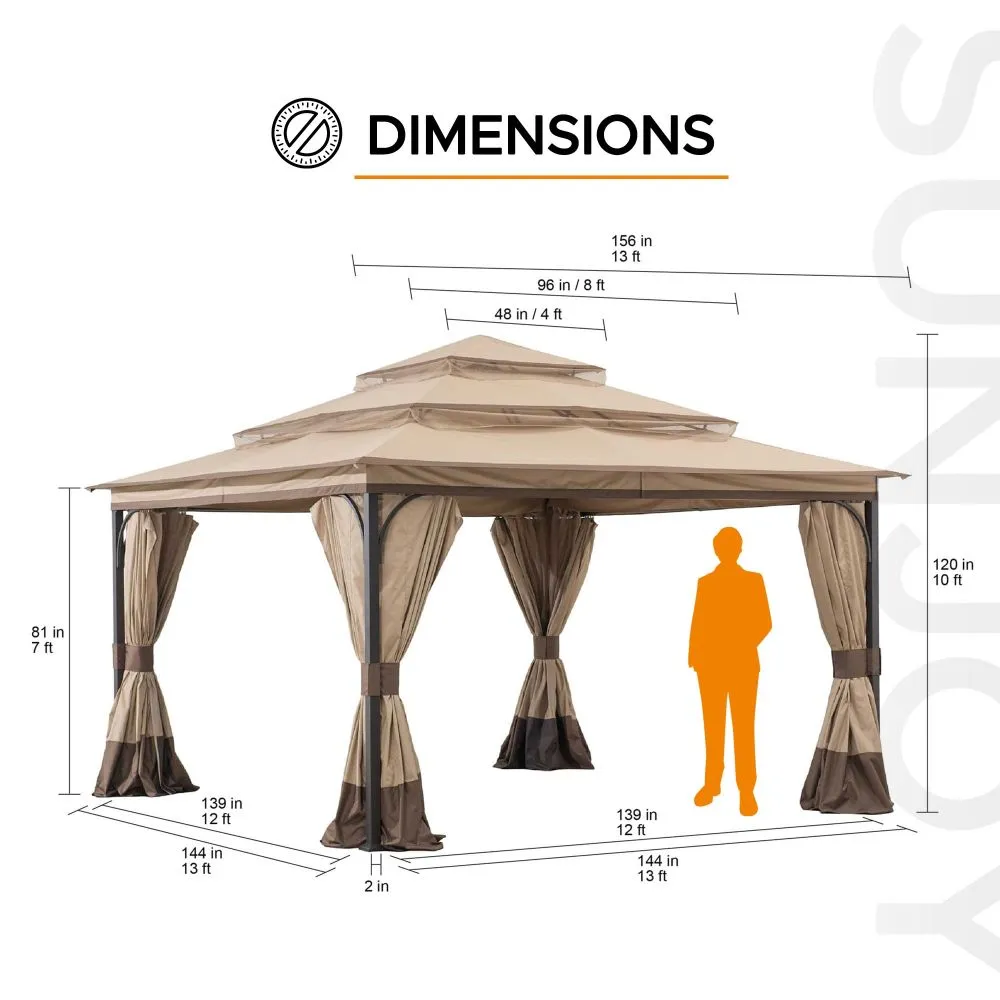 SUNJOY 13x13 Deck Gazebo with 3-tier Roof, Netting, and Curtain