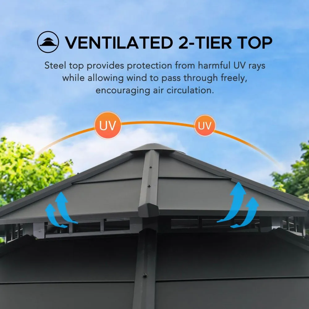 SUNJOY 15x15 ft. Outdoor Hardtop Gazebo, Octagon Double Tiered Metal Gazebo with Dual Rails and Ceiling Hook for Patio, Garden, Backyard Shade
