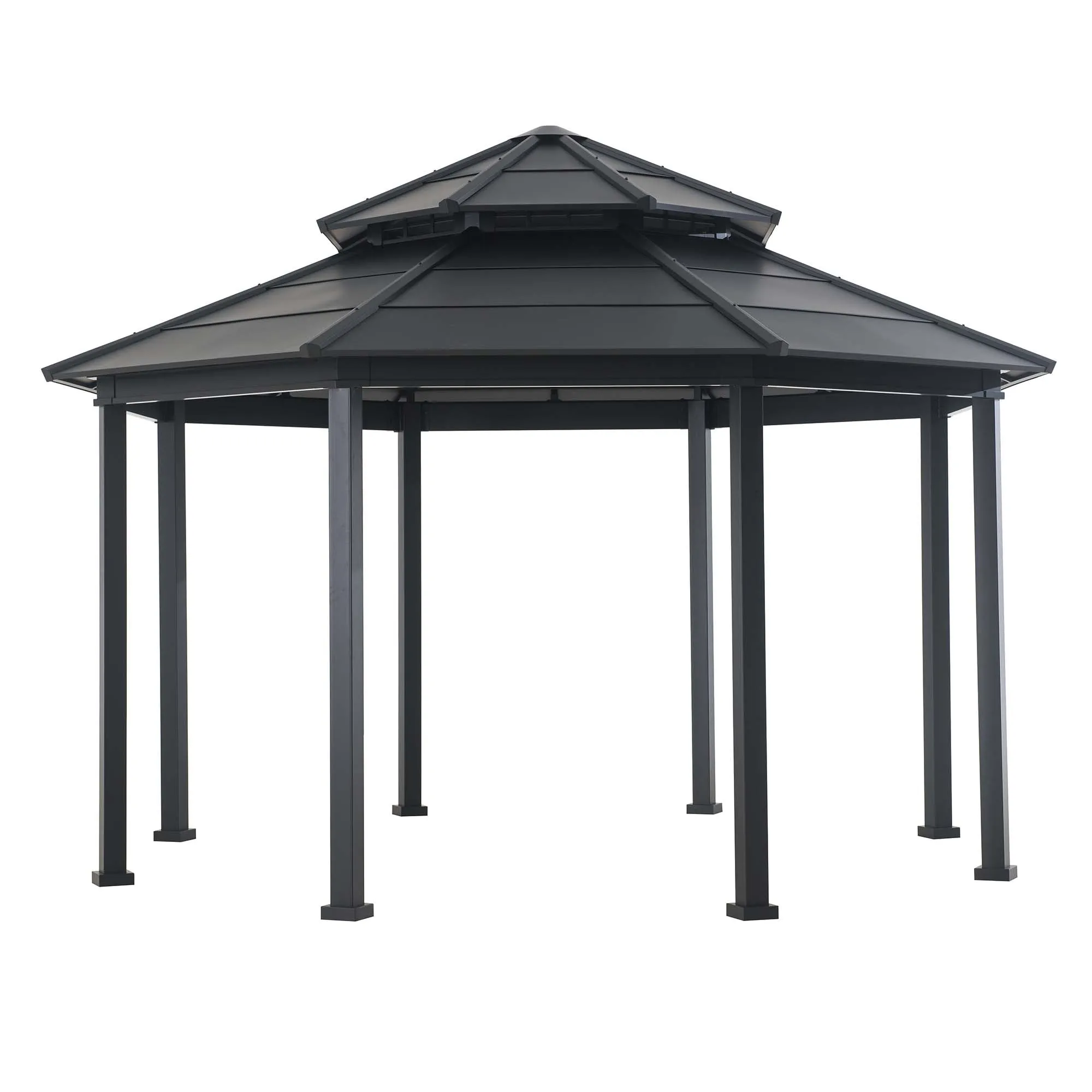 SUNJOY 15x15 ft. Outdoor Hardtop Gazebo, Octagon Double Tiered Metal Gazebo with Dual Rails and Ceiling Hook for Patio, Garden, Backyard Shade