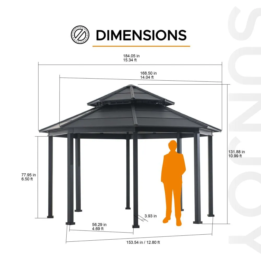 SUNJOY 15x15 ft. Outdoor Hardtop Gazebo, Octagon Double Tiered Metal Gazebo with Dual Rails and Ceiling Hook for Patio, Garden, Backyard Shade