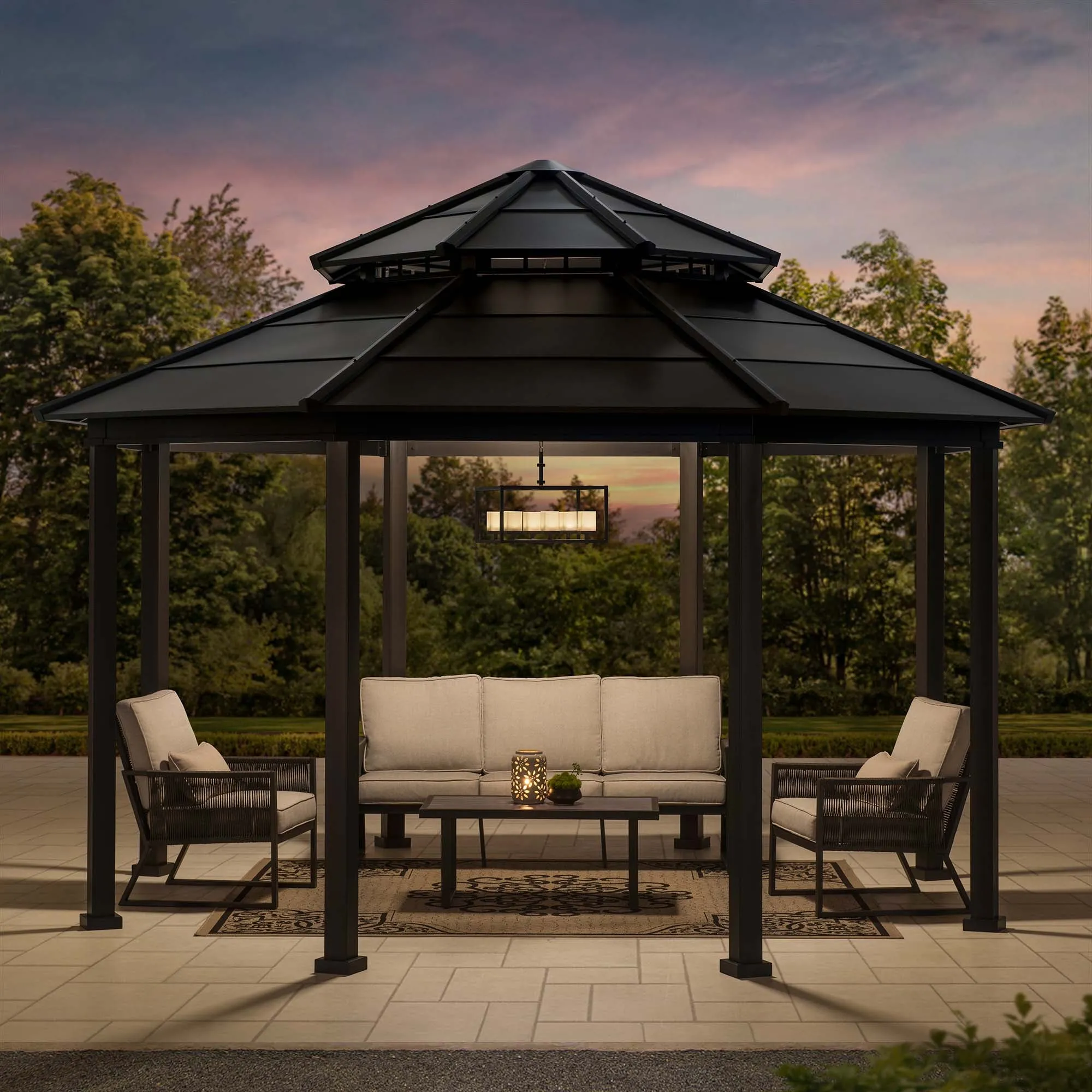 SUNJOY 15x15 ft. Outdoor Hardtop Gazebo, Octagon Double Tiered Metal Gazebo with Dual Rails and Ceiling Hook for Patio, Garden, Backyard Shade