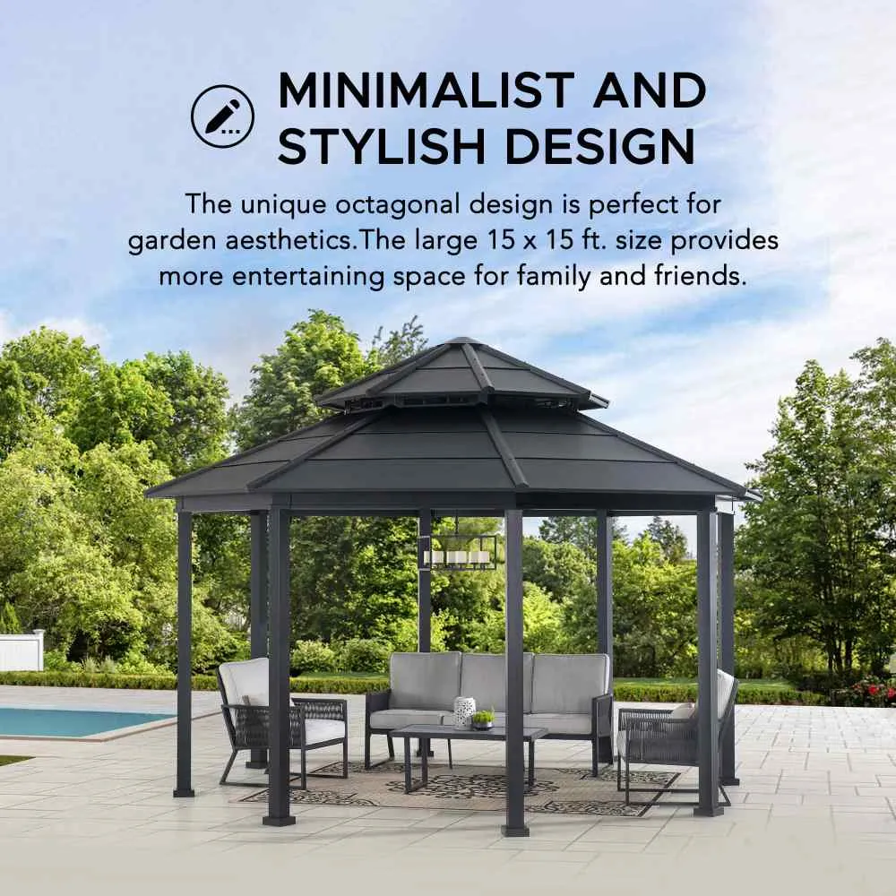 SUNJOY 15x15 ft. Outdoor Hardtop Gazebo, Octagon Double Tiered Metal Gazebo with Dual Rails and Ceiling Hook for Patio, Garden, Backyard Shade