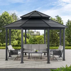 SUNJOY 15x15 ft. Outdoor Hardtop Gazebo, Octagon Double Tiered Metal Gazebo with Dual Rails and Ceiling Hook for Patio, Garden, Backyard Shade