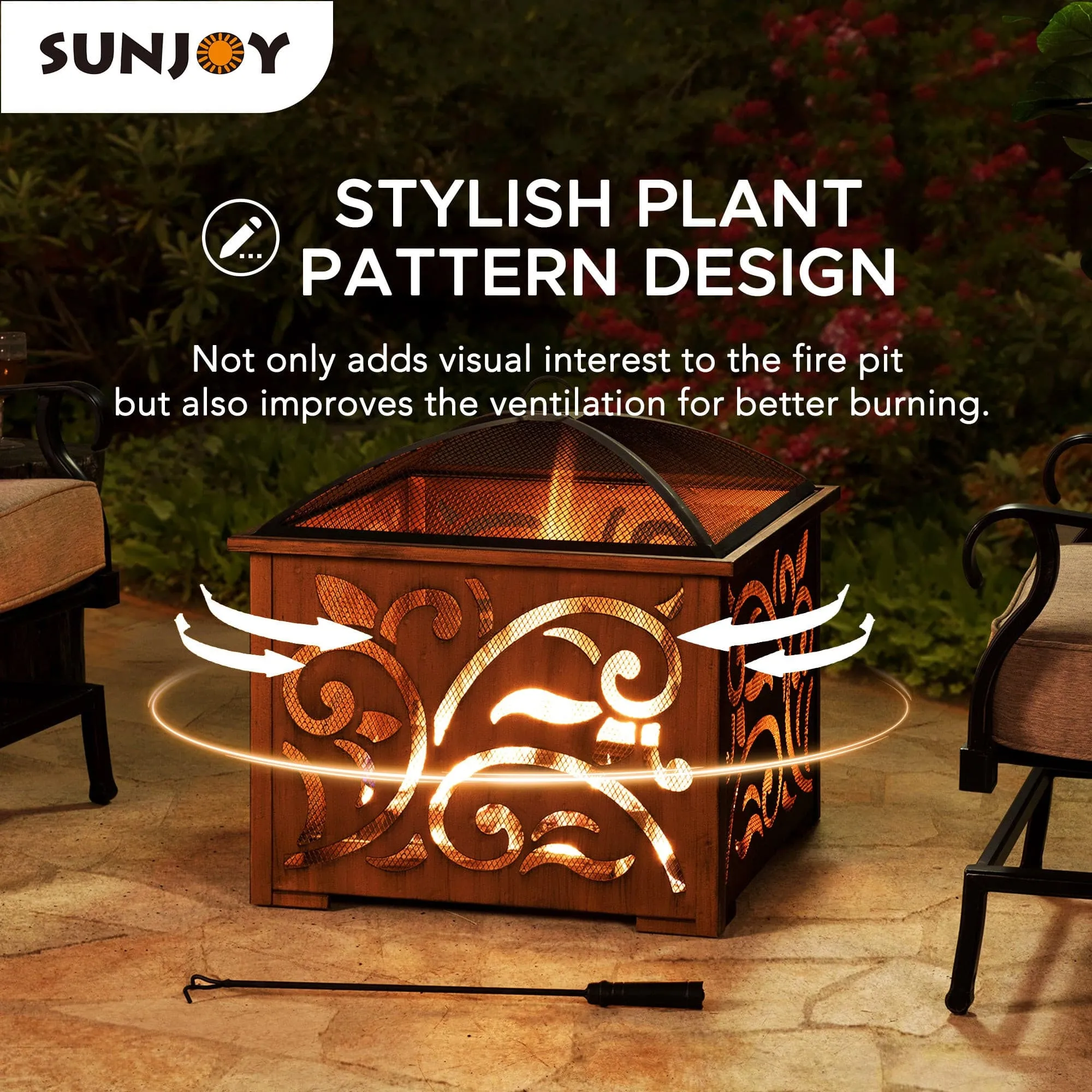 SUNJOY 26 Inch Outdoor Fire Pit Copper Steel Patio Fire Pit Wood Burning Backyard Fire Pit with Mesh Screen and Fire Poker