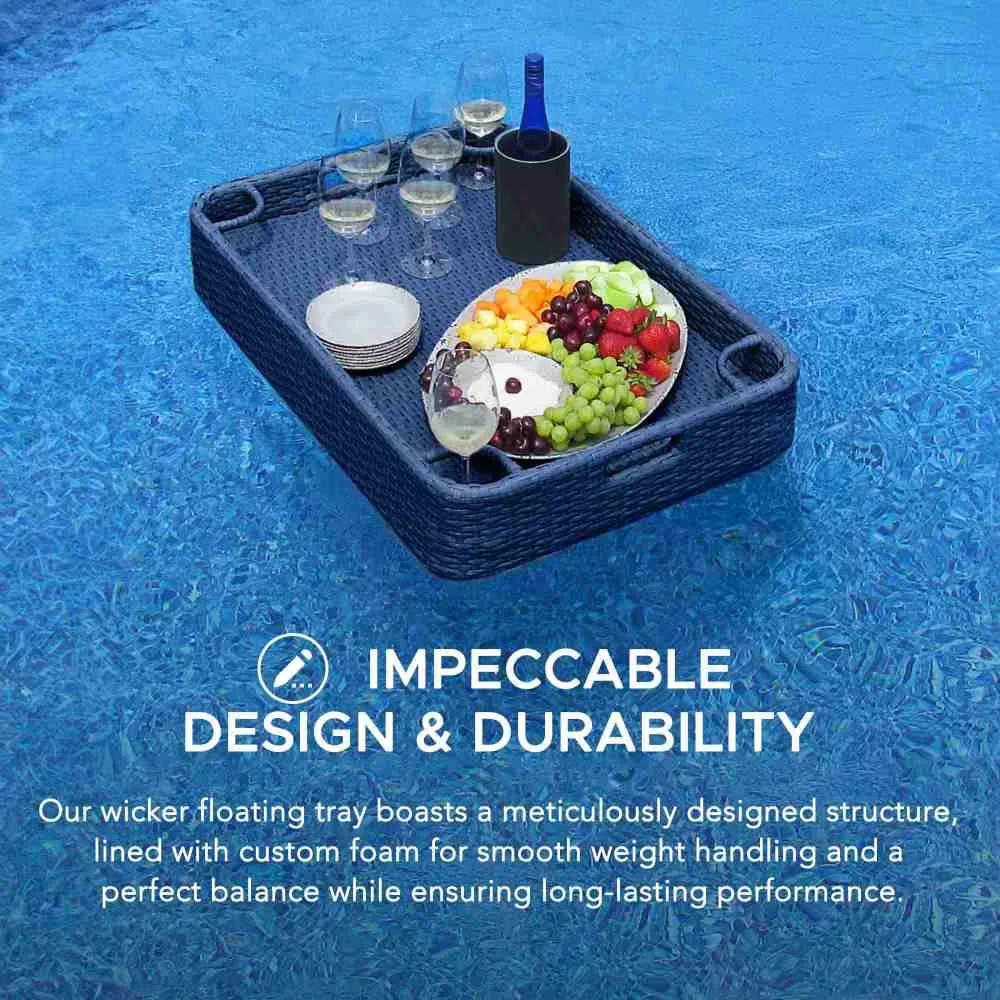 SUNJOY 36x24 Inch Wicker Floating Pool Tray Aluminum Frame Pool Accessory Tray for Drinks, Snacks, and Essentials