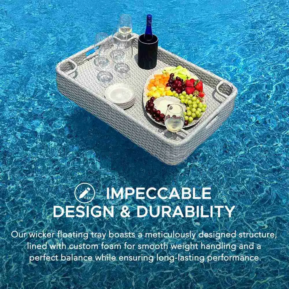 SUNJOY 36x24 Inch Wicker Floating Pool Tray Aluminum Frame Pool Accessory Tray for Drinks, Snacks, and Essentials